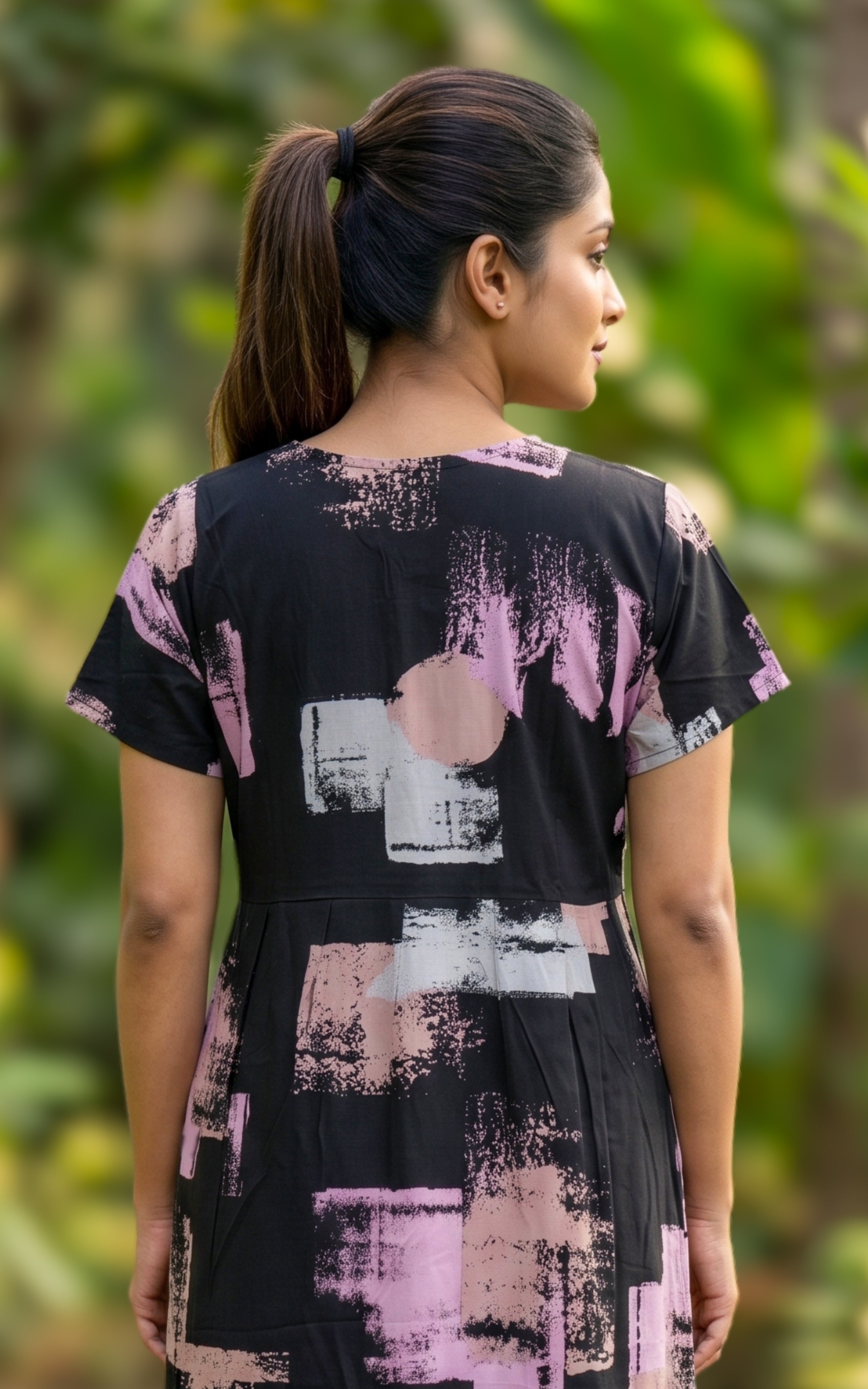 Instore - Black Abstract Brush Print Cotton Long Nighty with Side Pocket, Relaxed Fit, Women's Sleepwear