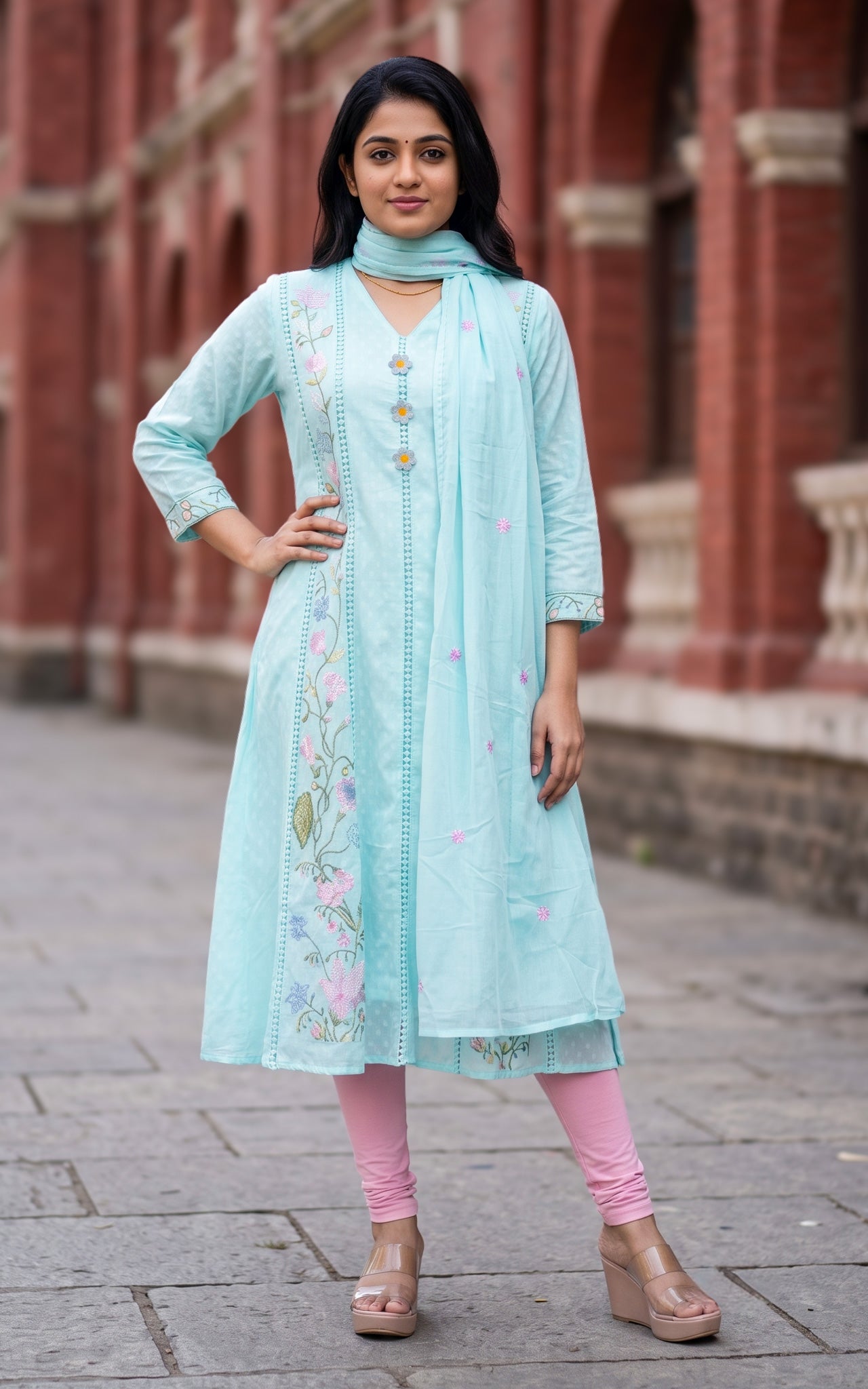 Light Sky Blue Cotton Ethnic Wear Anarkali Kurti Dupatta for Women