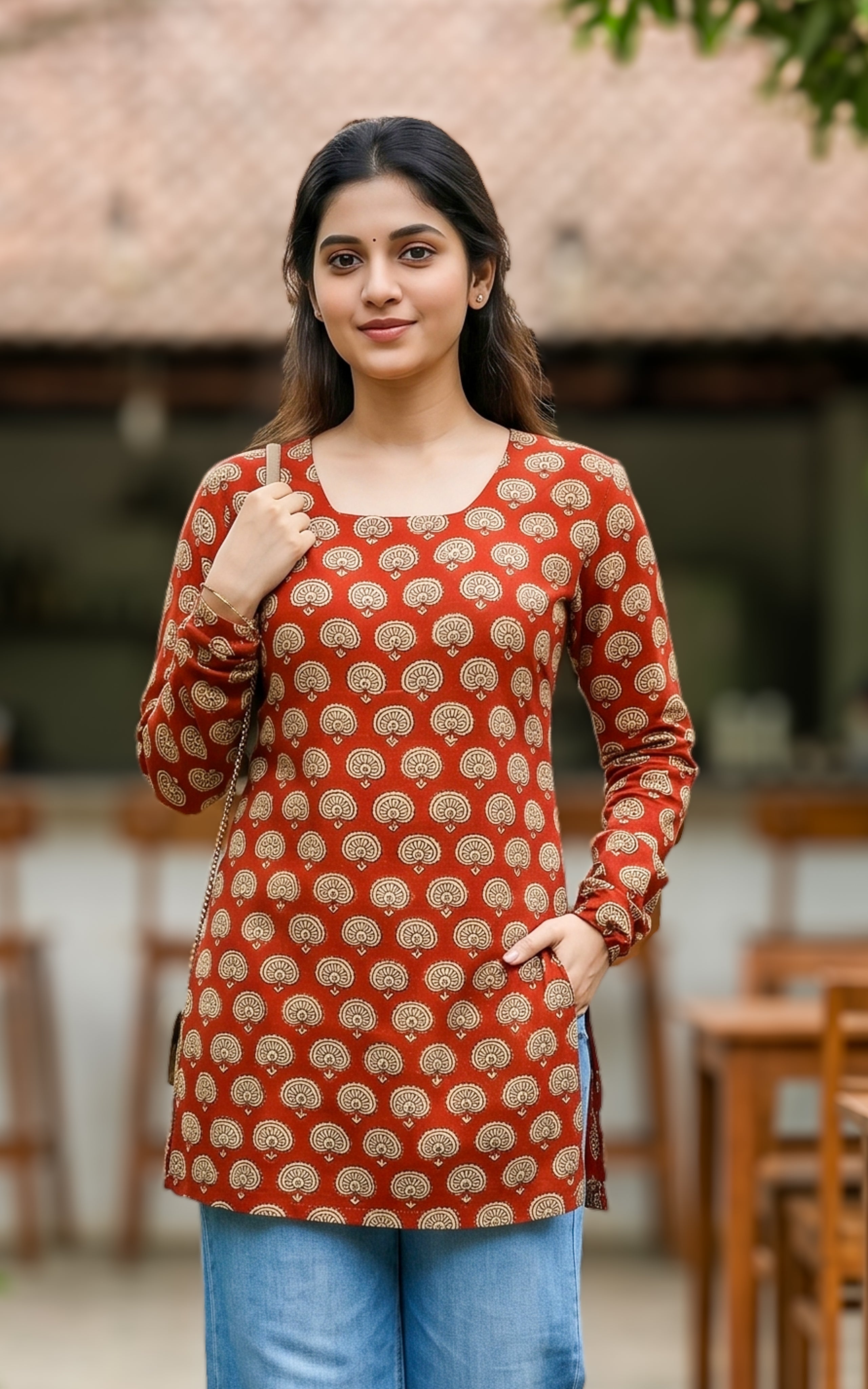 Cotton kurti with criss cross back design
Straight cut short kurti for women