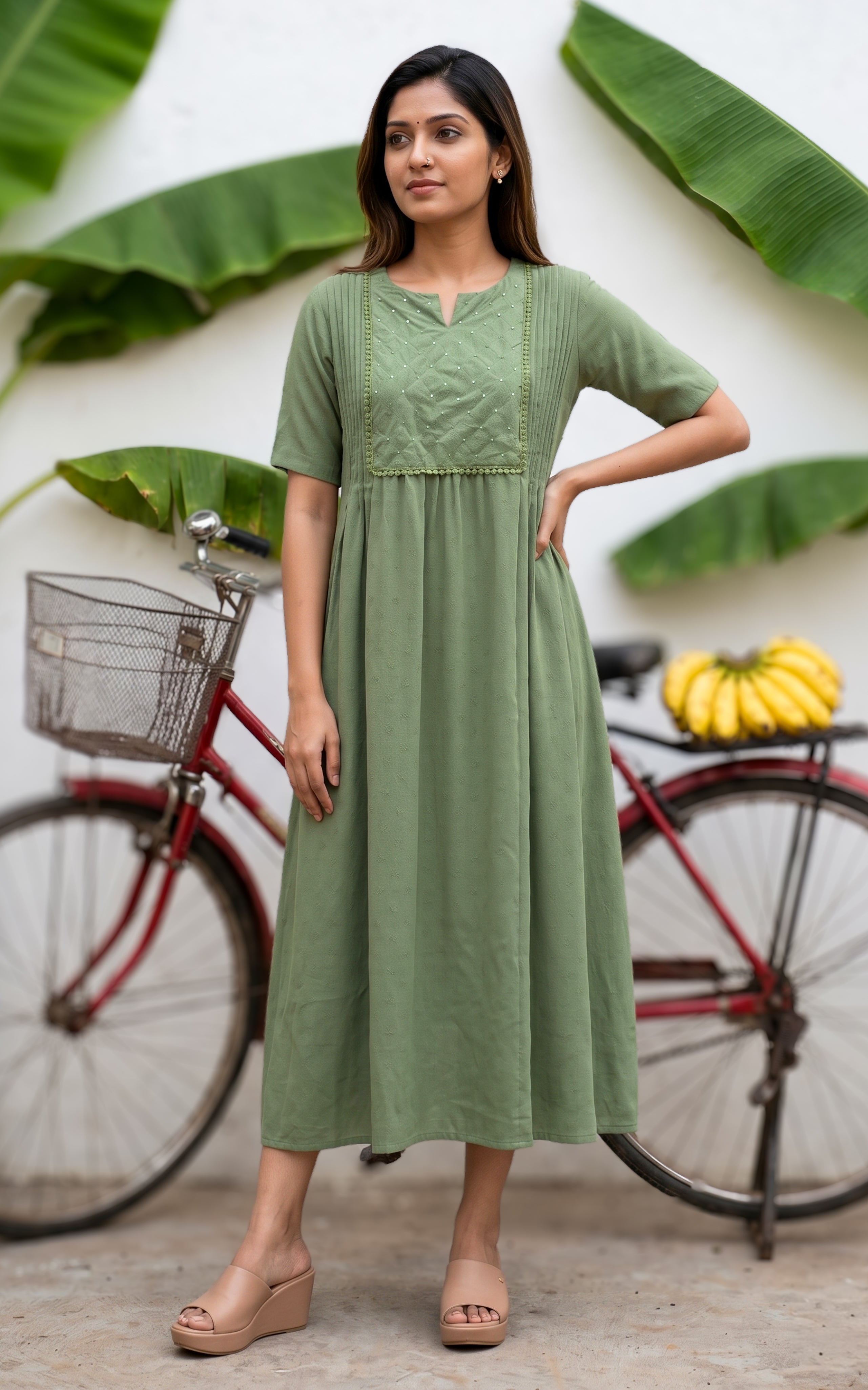 Sage Green Blended Viscose Maxi For Women