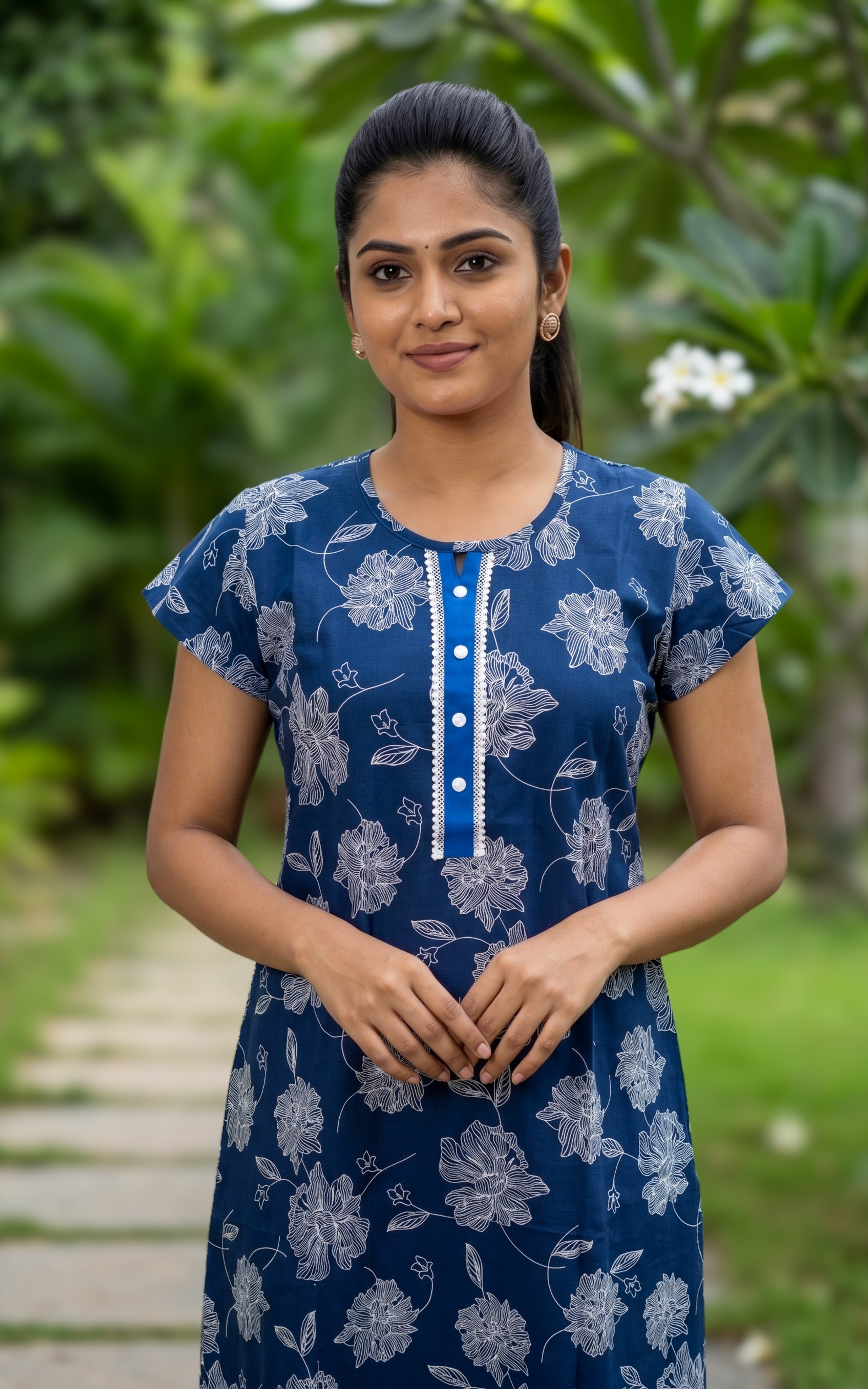 Instore - Navy Blue Floral Print Cotton Long Nighty with Button Placket, Side Pocket, Relaxed Fit, Women's Sleepwear