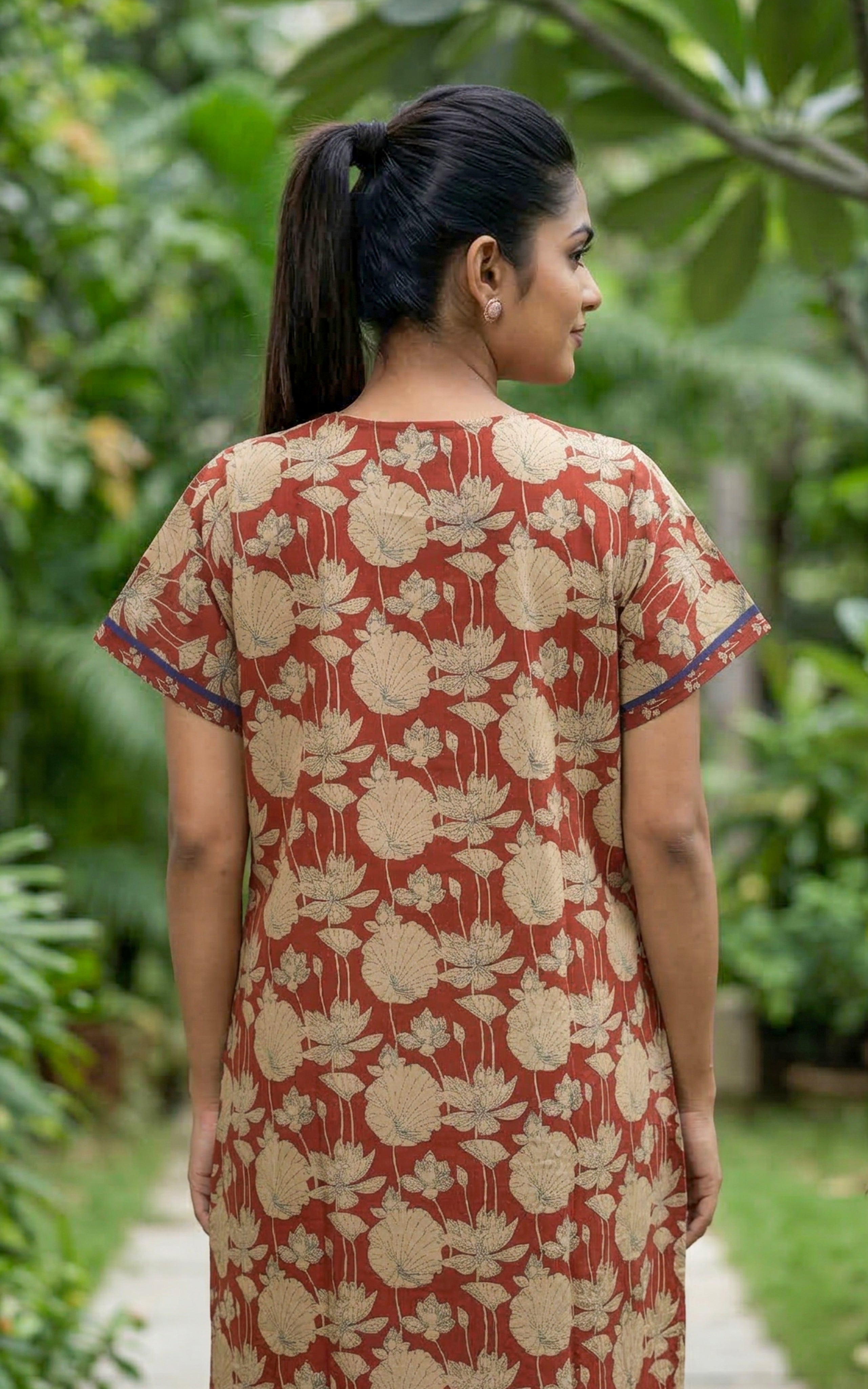 Instore – Rust Red Cotton Long Nighty, Floral Motif Print, Round Neck with Printed Yoke Panel, Relaxed Fit, Women's Sleepwear