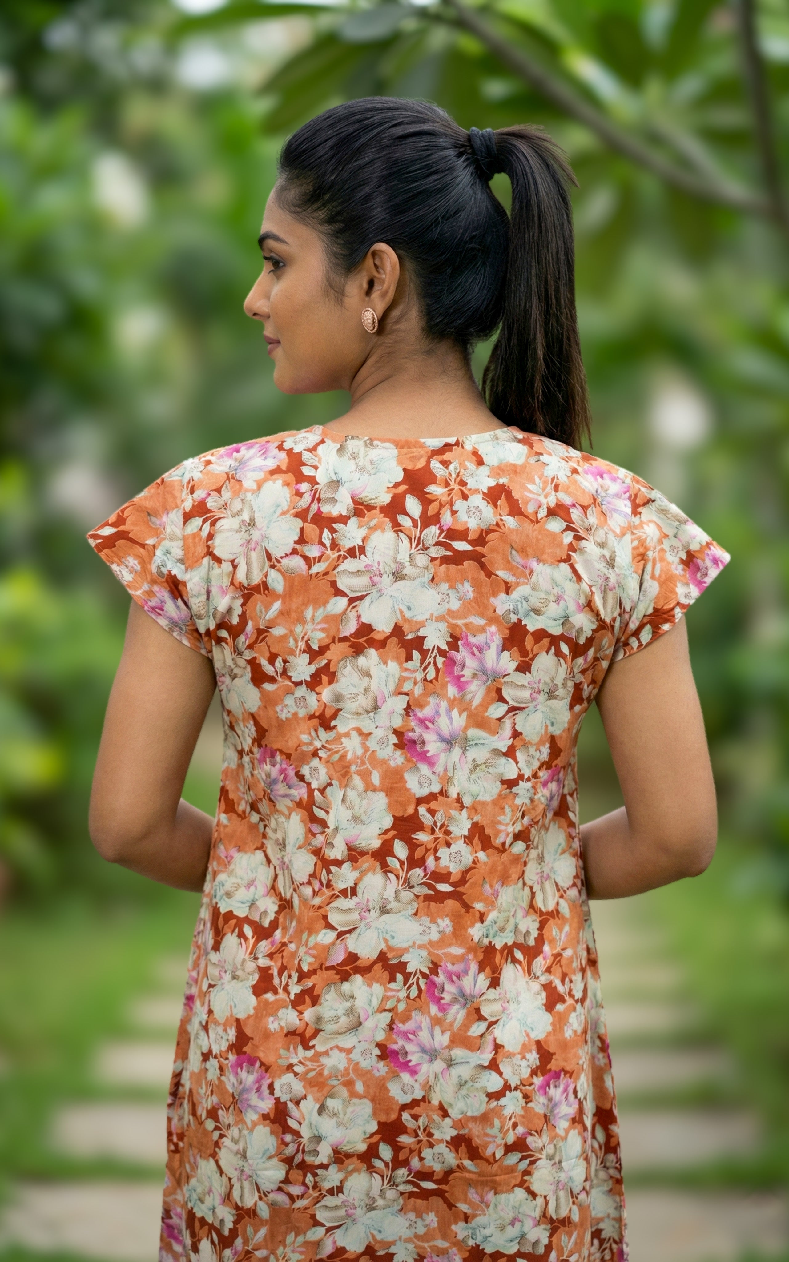 Instore – Brick Brown Cotton Long Nighty, All-Over Floral Print, Round Neck with Front Button Placket & White Lace Detailing, Relaxed Fit, Women's Sleepwear