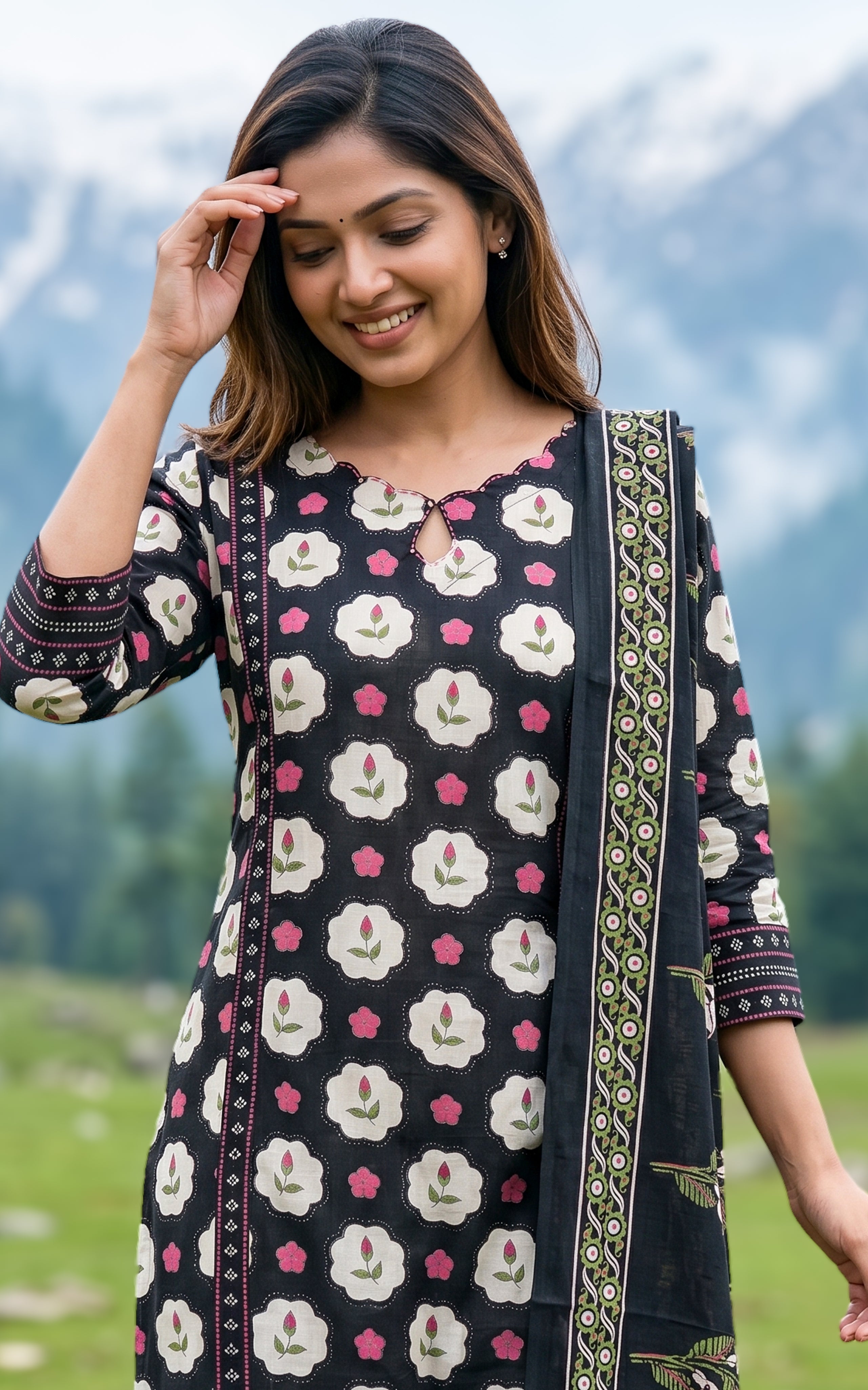 Printed Black Kurti With Cotton Dupatta Women
