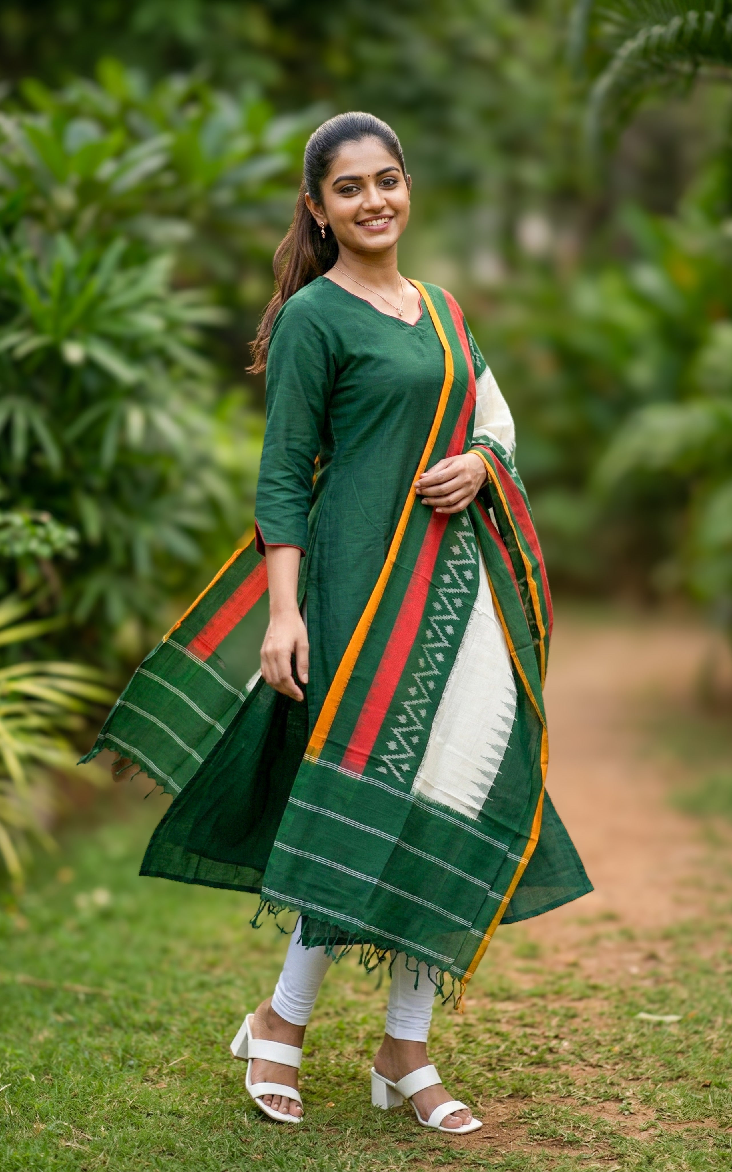 green ethnic silk cotton kurti set
designer silk cotton kurti with dupatta
festive straight cut kurti
traditional kurti set for women