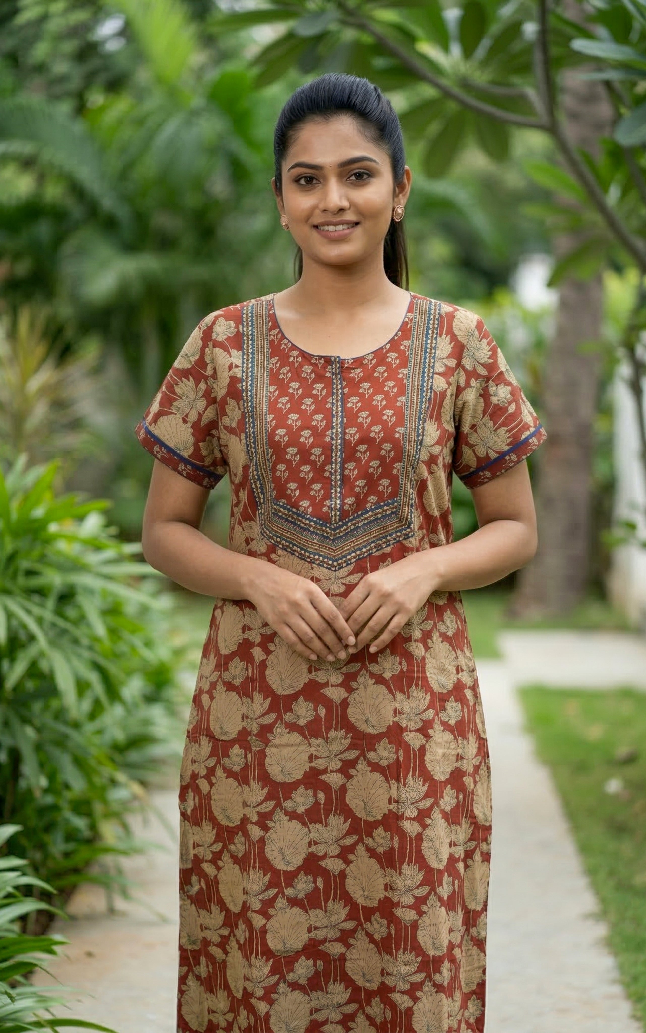 Instore – Rust Red Cotton Long Nighty, Floral Motif Print, Round Neck with Printed Yoke Panel, Relaxed Fit, Women's Sleepwear