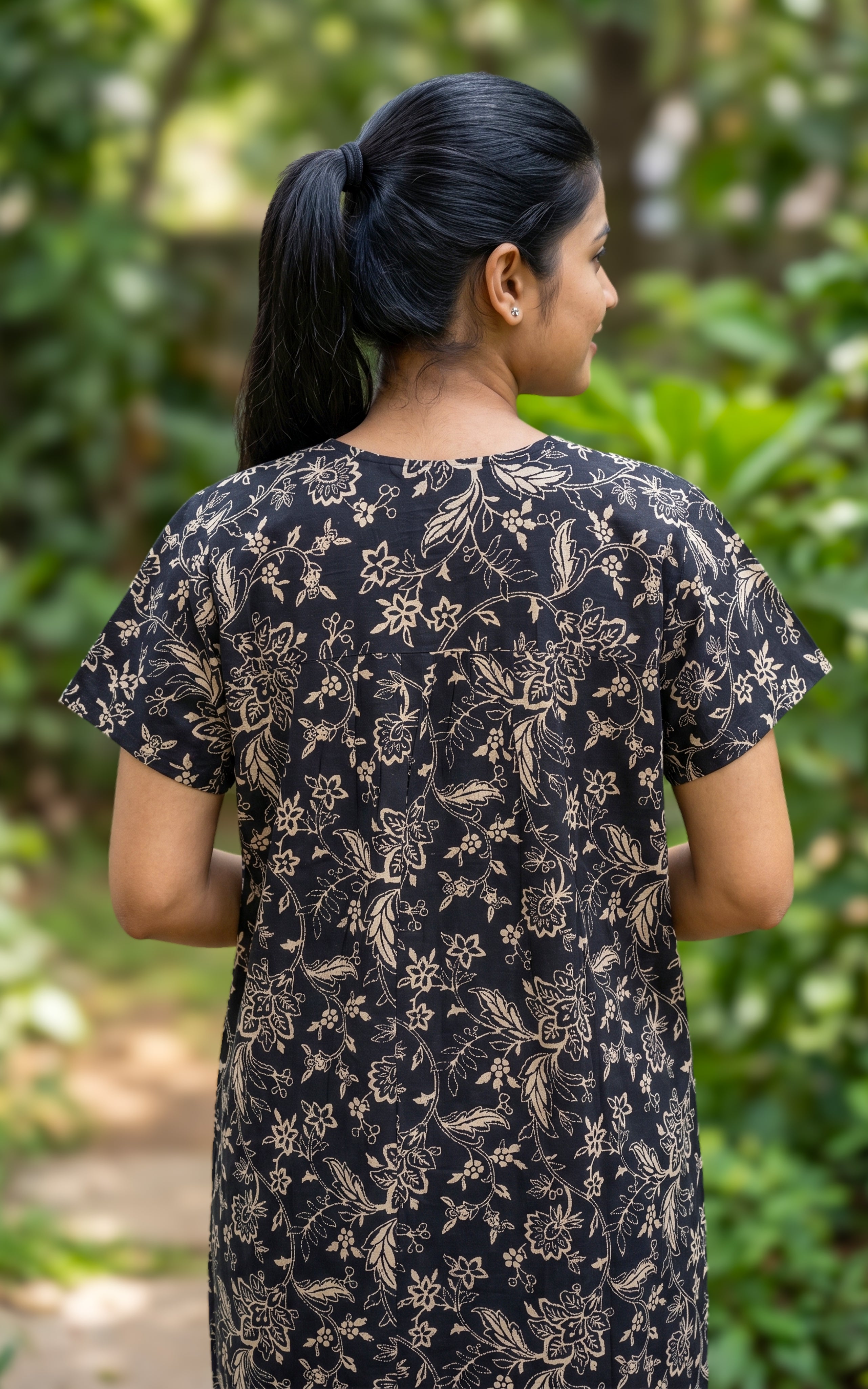 Instore - Black Floral Print Cotton Long Nighty with Contrast Yoke & Lace Detailing, Side Pocket, Relaxed Fit, Women's Sleepwear