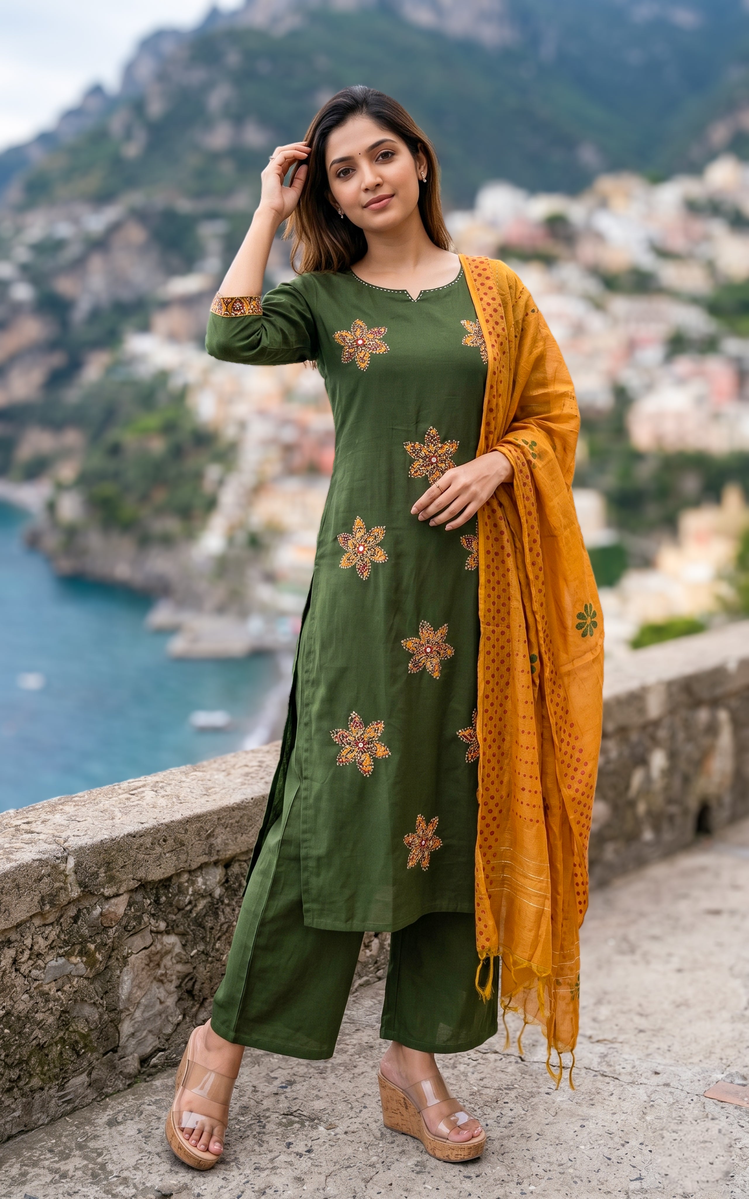 Green cotton kurti with palazzo pants for women