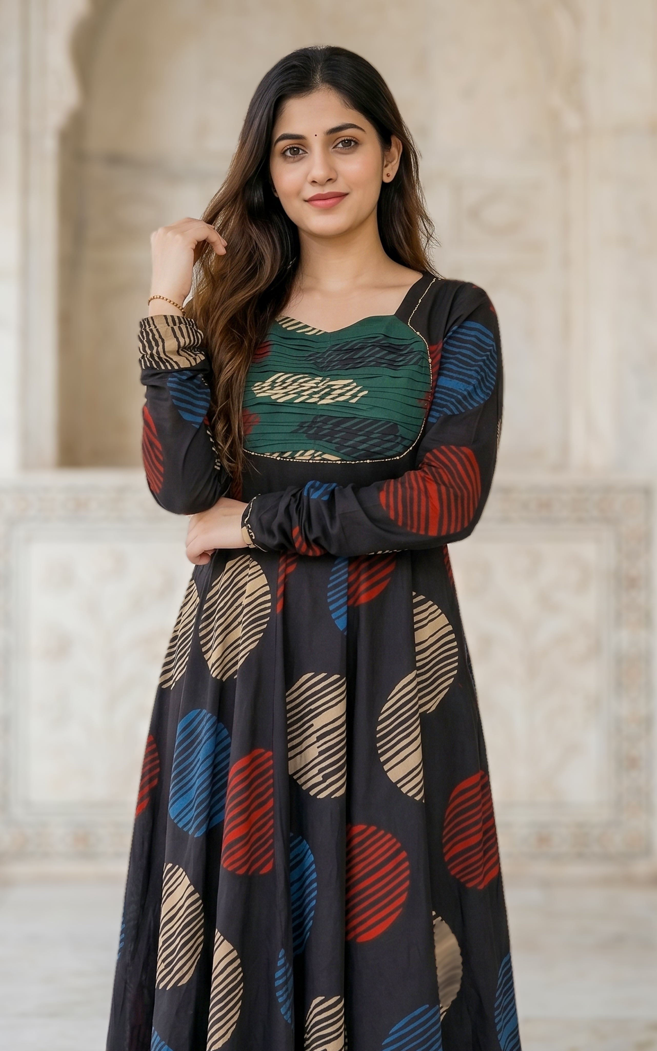 Instore - Black Color Printed Cotton Flared Anarkali Kurti with Line Embroidery & Sweetheart Neck with Gathered Sleeve