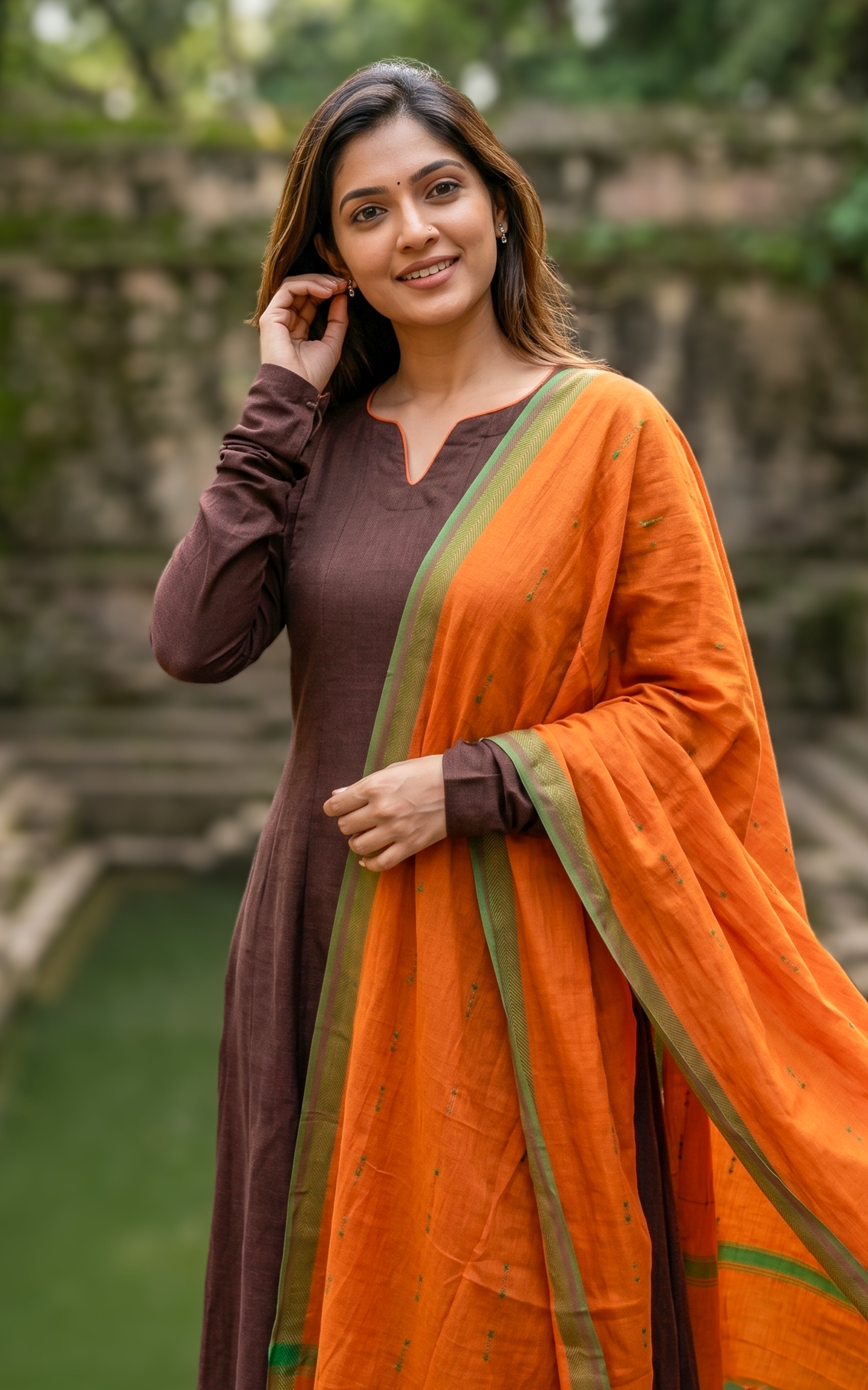 Instore – Brown Slub Synthetic Anarkali Kurti with Dupatta for Women – Gathered Sleeves – Ethnic Wear