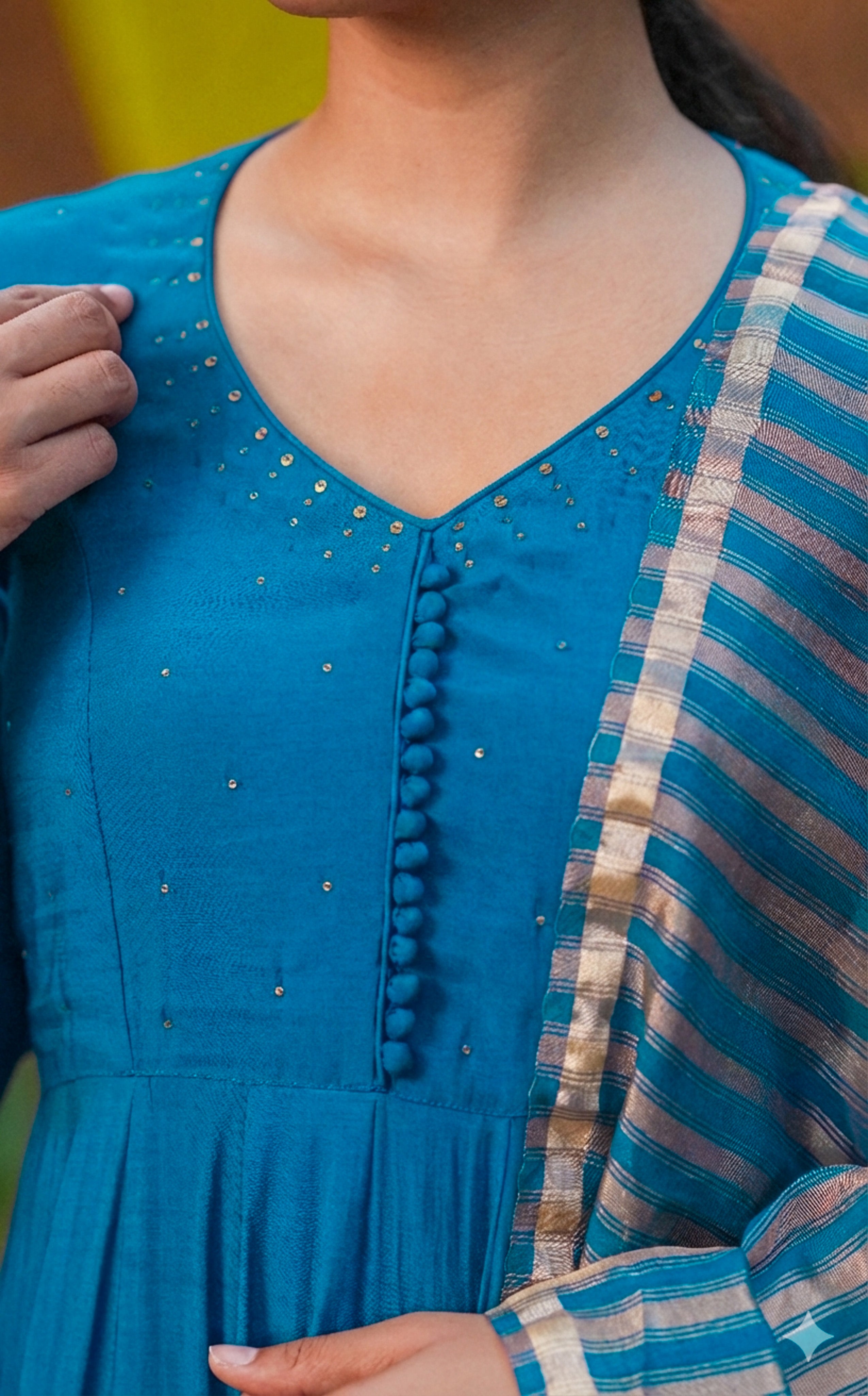 Instore - Peacock Blue Art Silk Sequin Embroidery Anarkali with V-Neckline and Mul Chanderi Dupatta with Cotton Lining