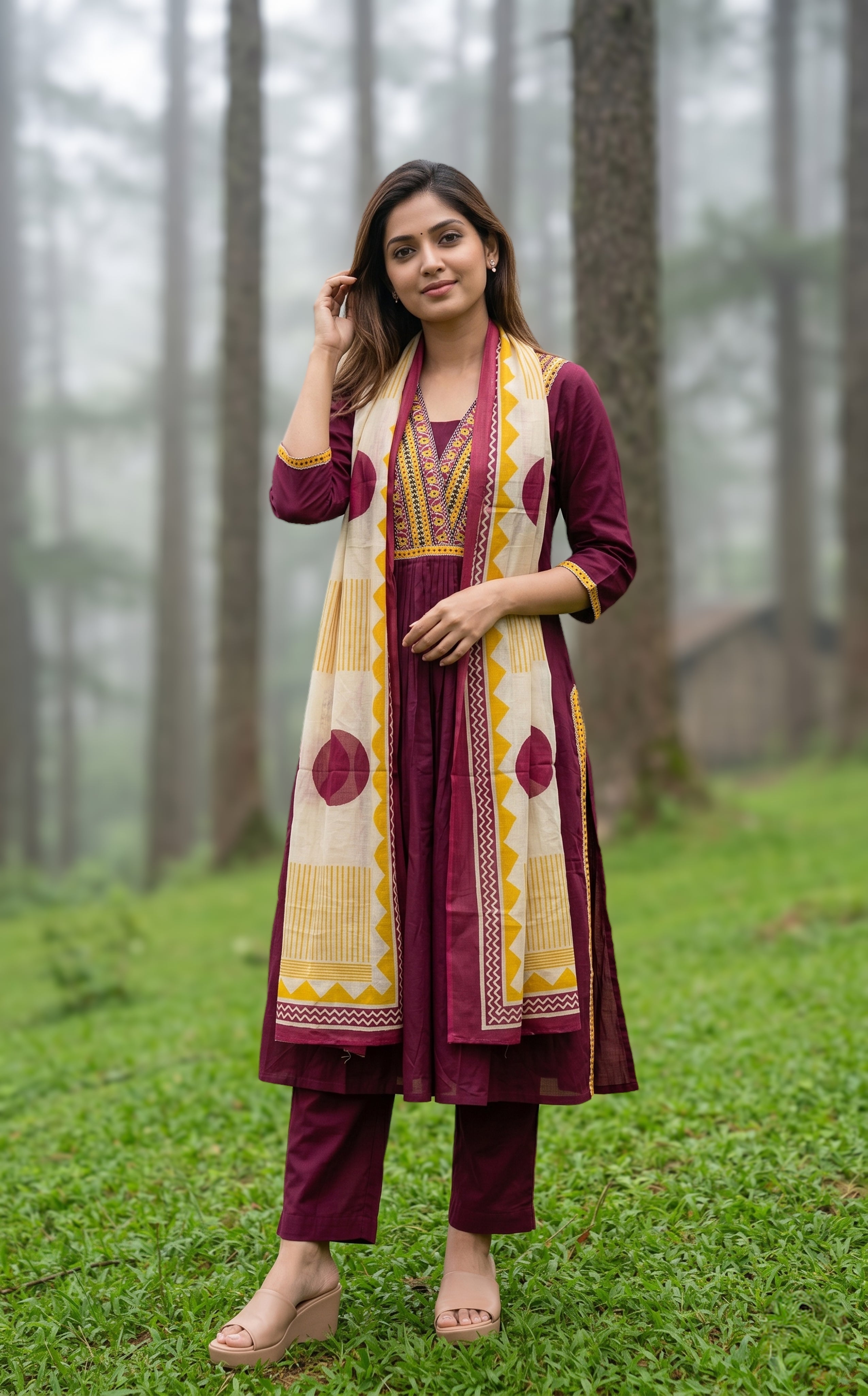 Cotton V neck kurti set with pant for women