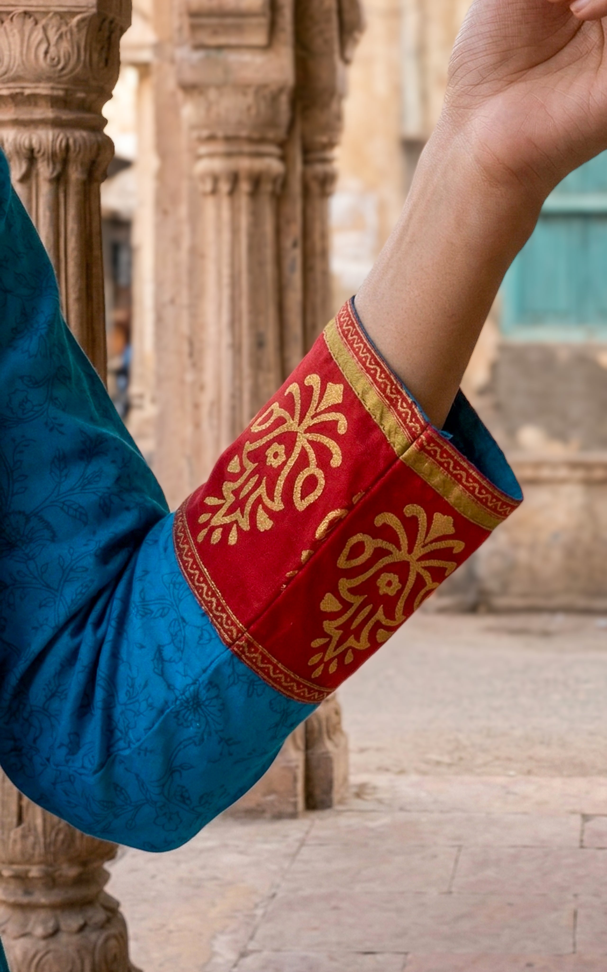 Instore - Blue Color Cotton Handblock Aline Kurti Featuring Contrast Yoke Panel