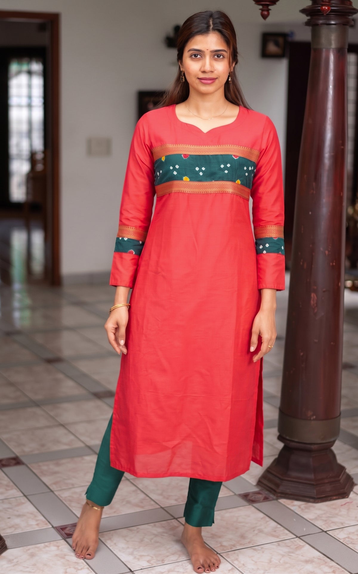 Pinkish Red Silk Cotton Stylish Straight Cut Kurti for Women