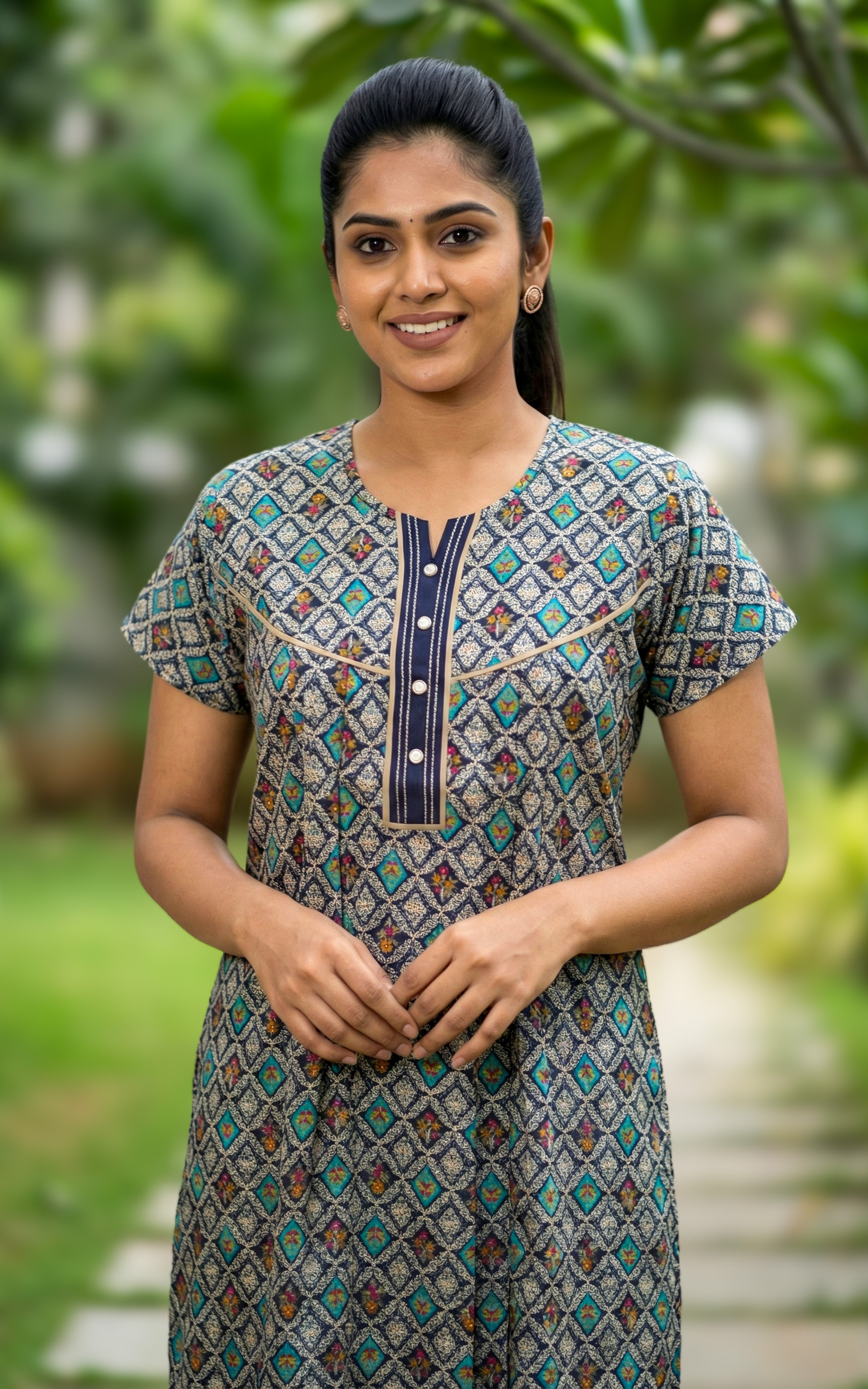 Instore – Grey Multicolor Cotton Long Nighty, All-Over Ethnic Geometric Design, Round Neck with Contrast Navy Blue Placket & Button Detailing, Relaxed Fit, Women's Sleepwear