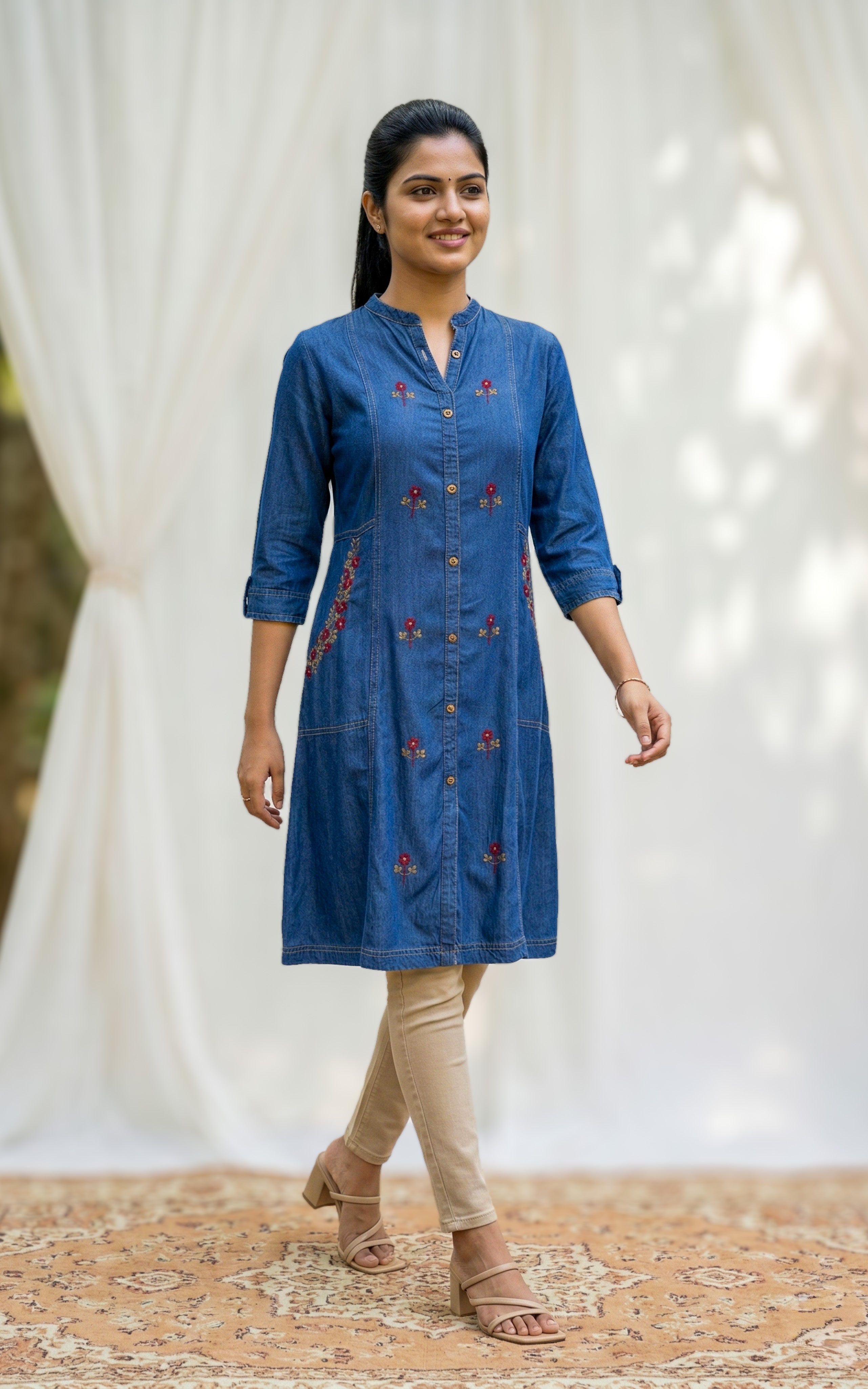 stylish denim kurti for college
trendy aline kurti with front slit
modern casual denim kurti with embroidery
fashionable denim kurti with pocket