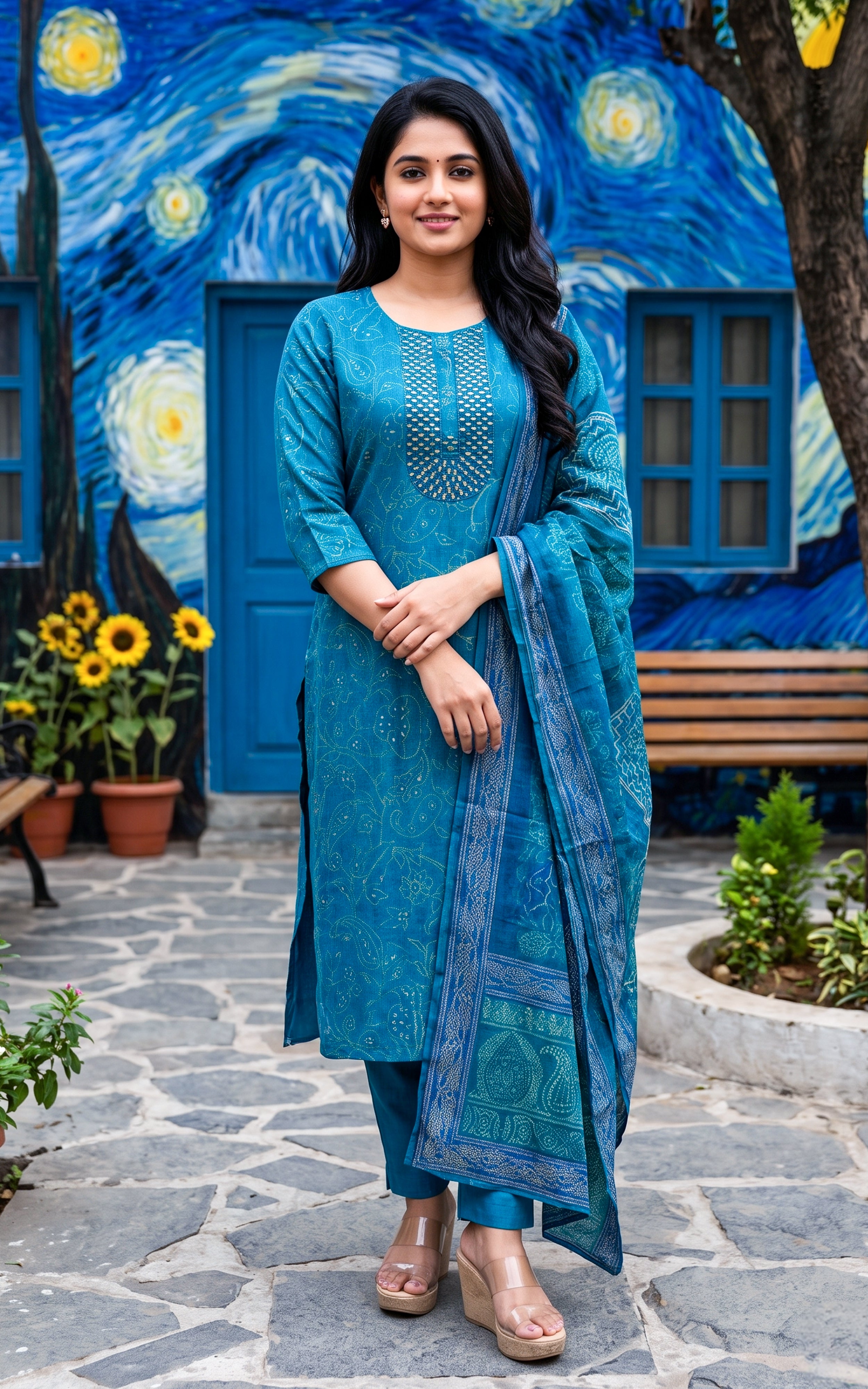 Teal Art Silk Casual Wear Kurti Set for Women