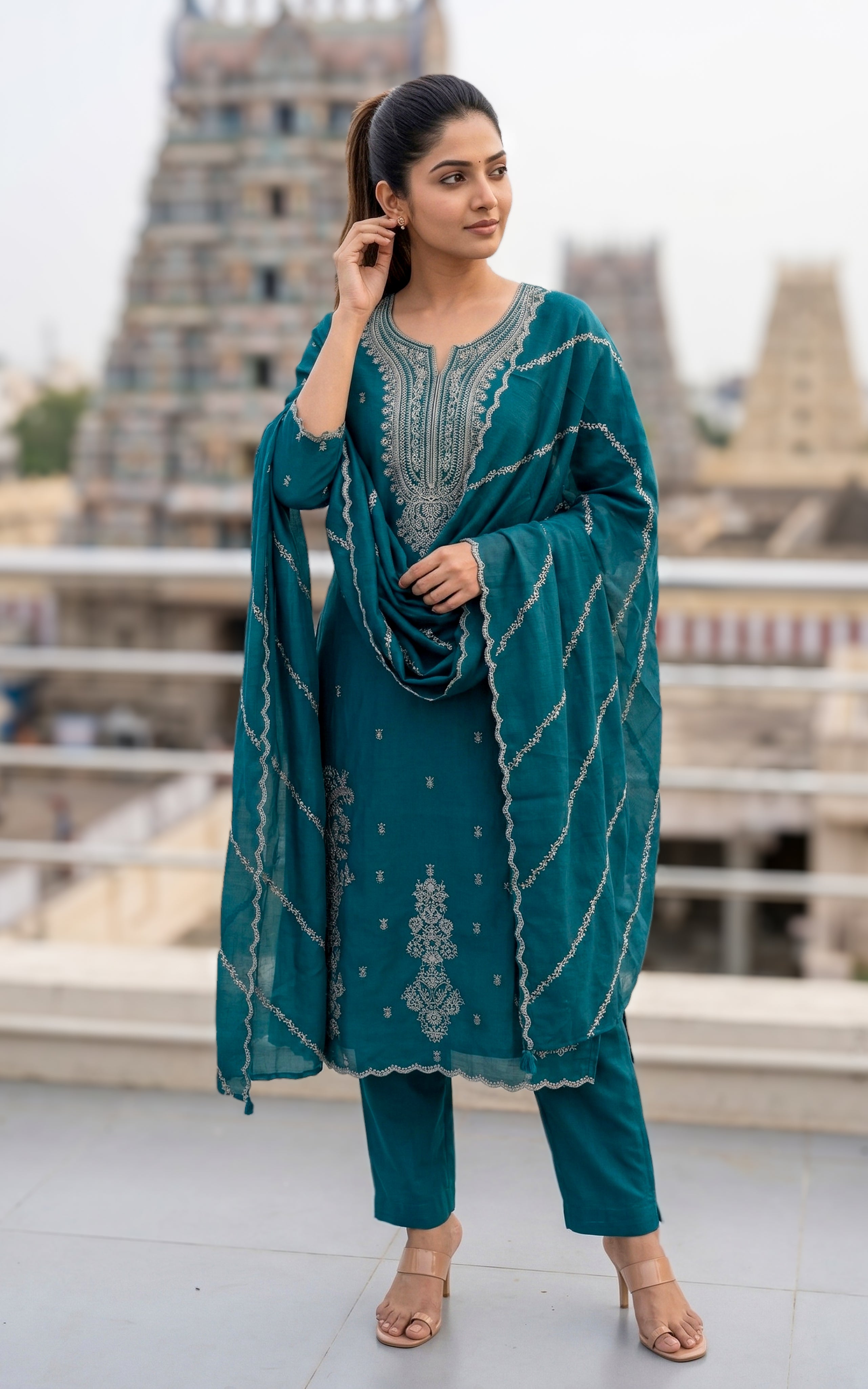 Instore – Deep Teal Green Angel Kurti Pant Dupatta Set for Women – Art Silk – Festive Ethnic Wear