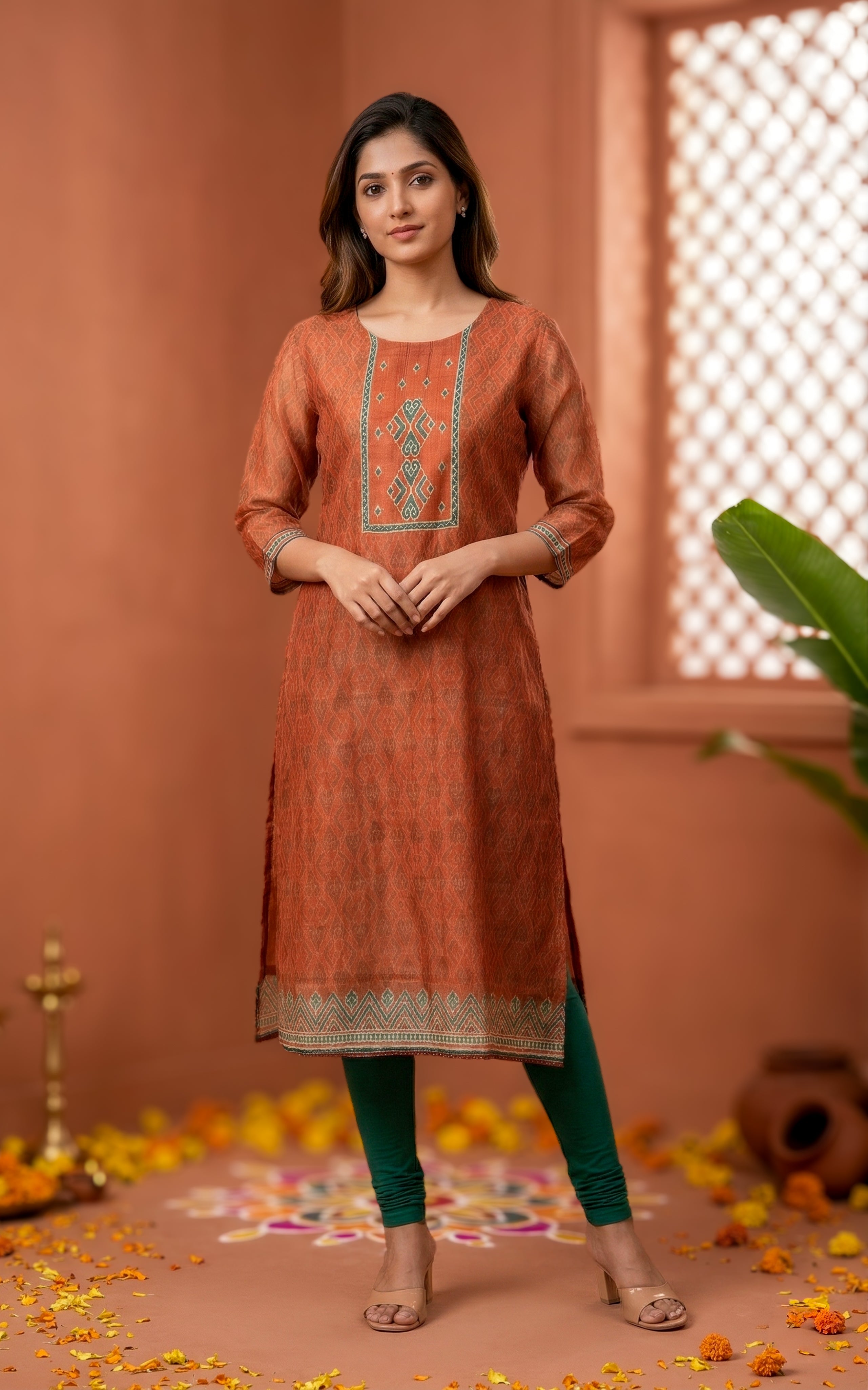Rust art silk kurti with side slit for women