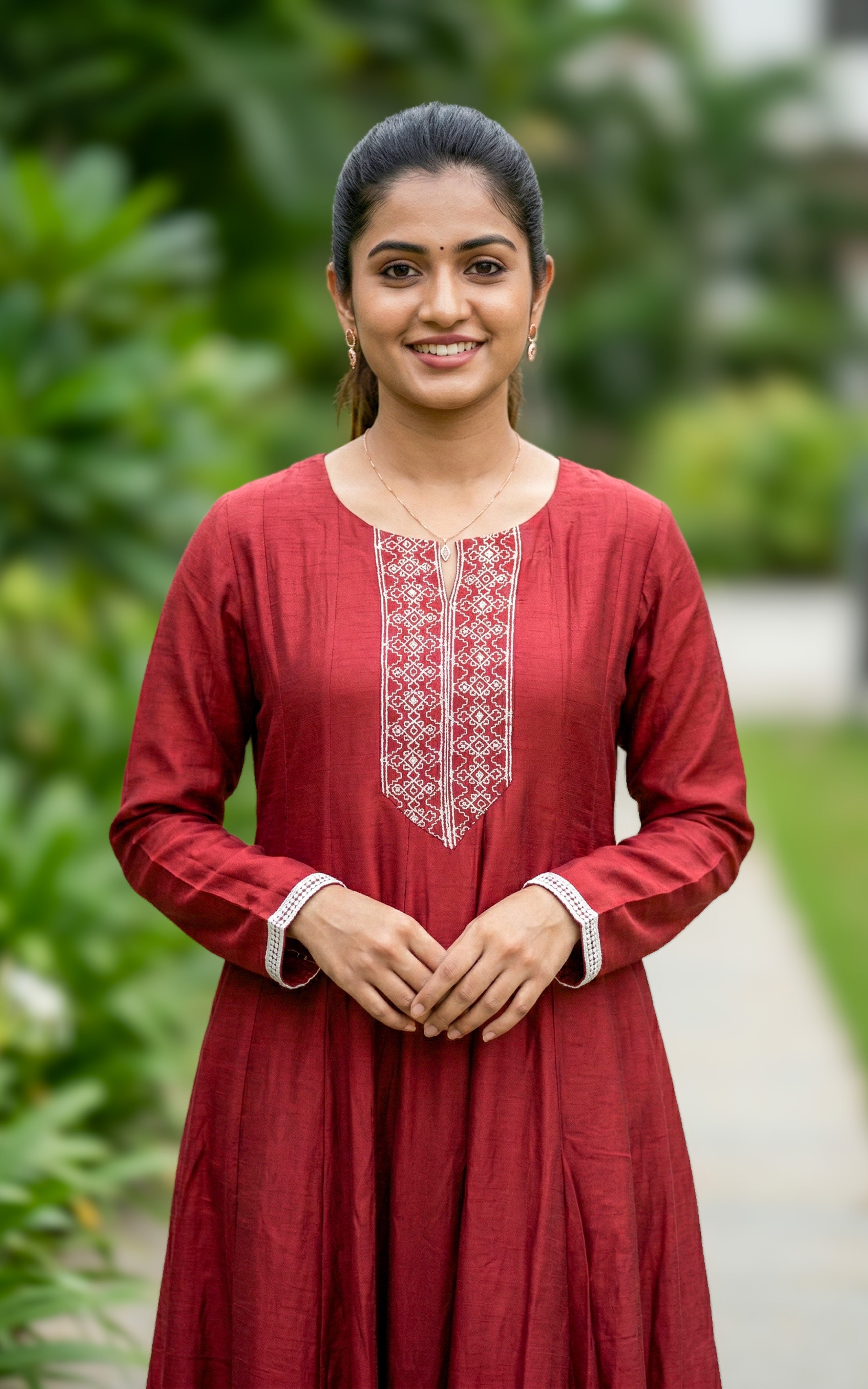 Maroon comfortable flared anarkali kurti
casual chikankari embroidered kurti
soft art silk kurti for everyday wear