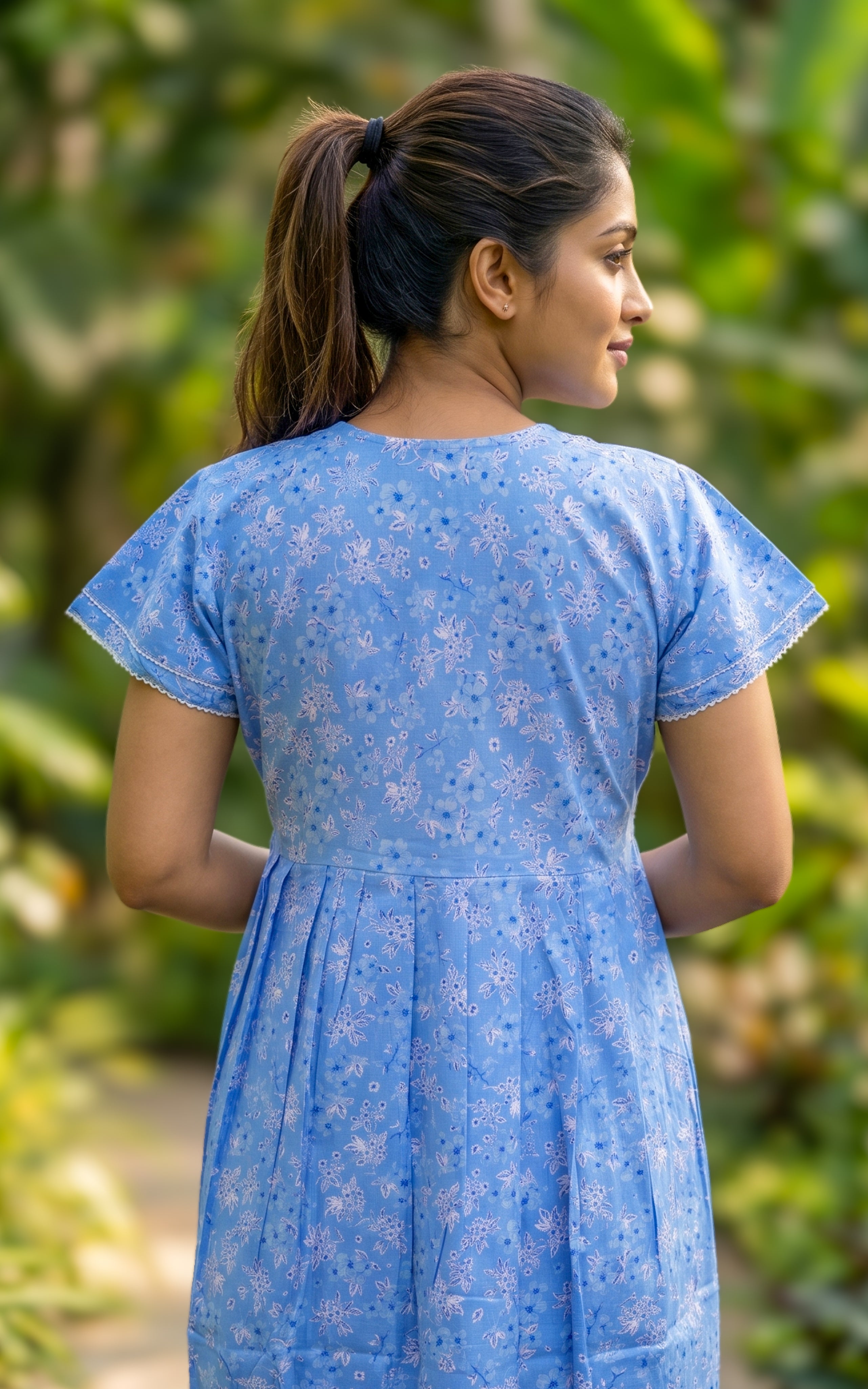 Instore - Blue Floral Print Cotton A-line Long Nighty with Side Pocket, Relaxed Fit, Women's Sleepwear