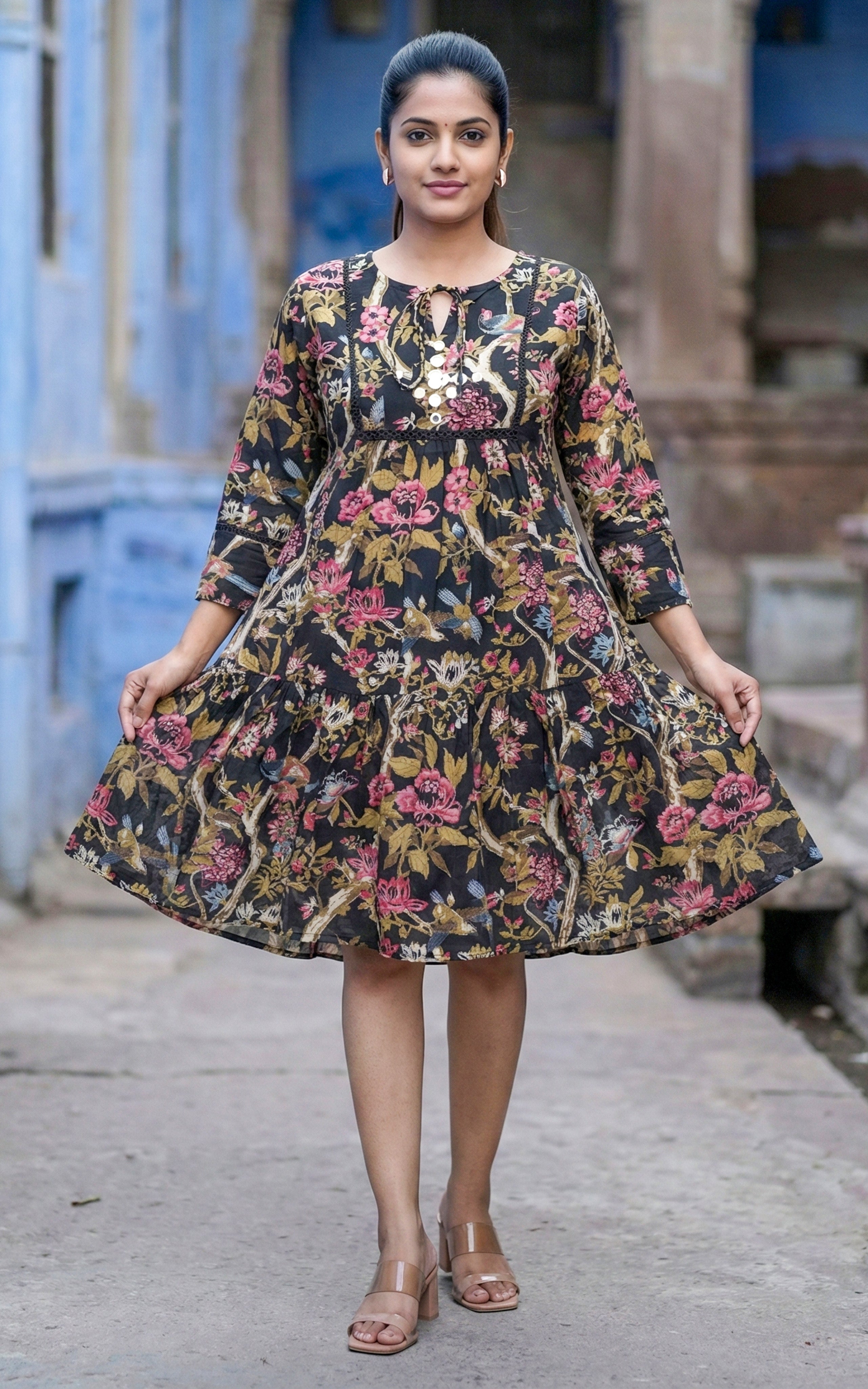 Instore - Black Color Cotton Tyre Cut Short Top With Floral-Print, Keyhole Neckline with Thread Tie & Cotton Lining