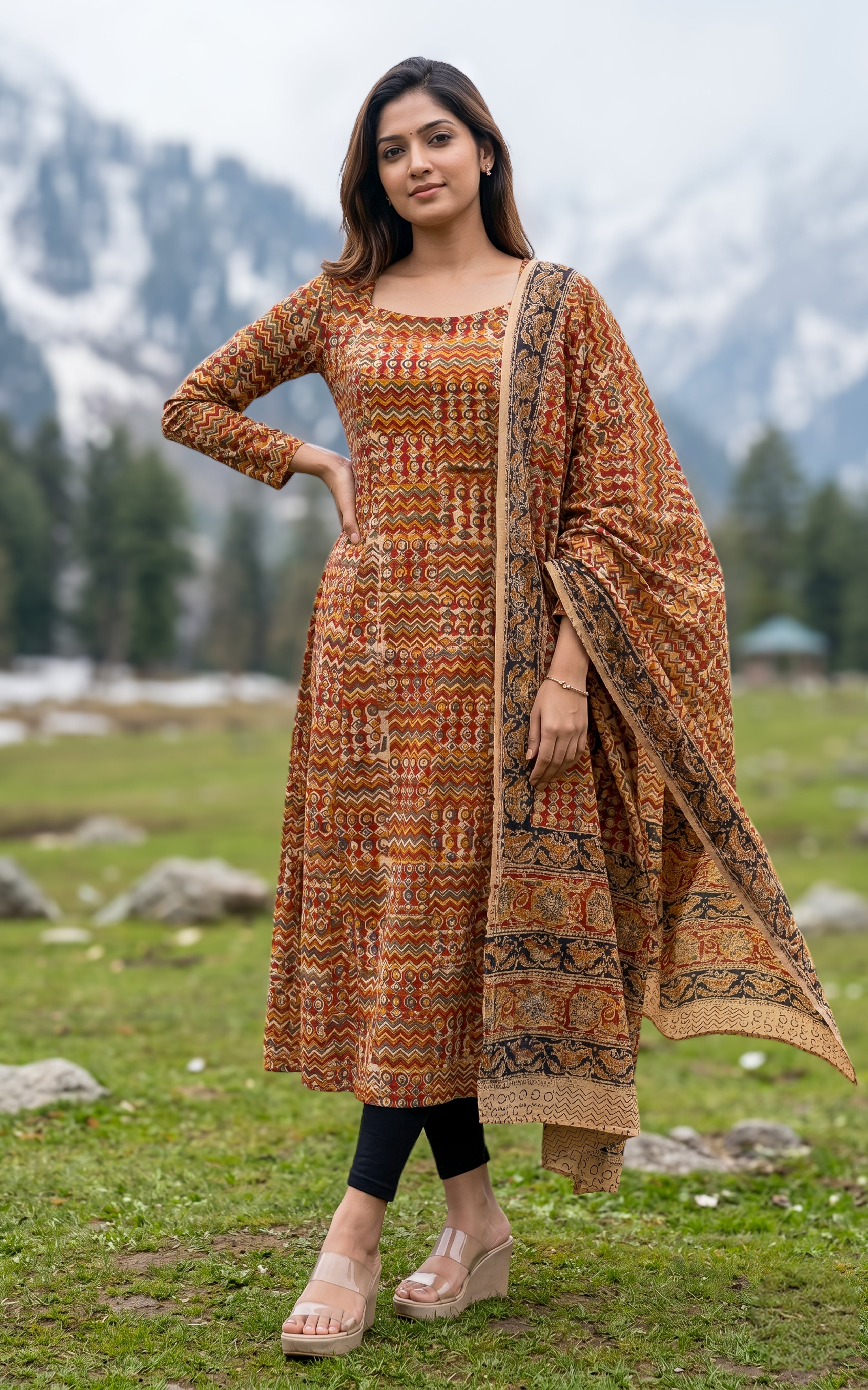 Kalamkari printed Anarkali kurti for women