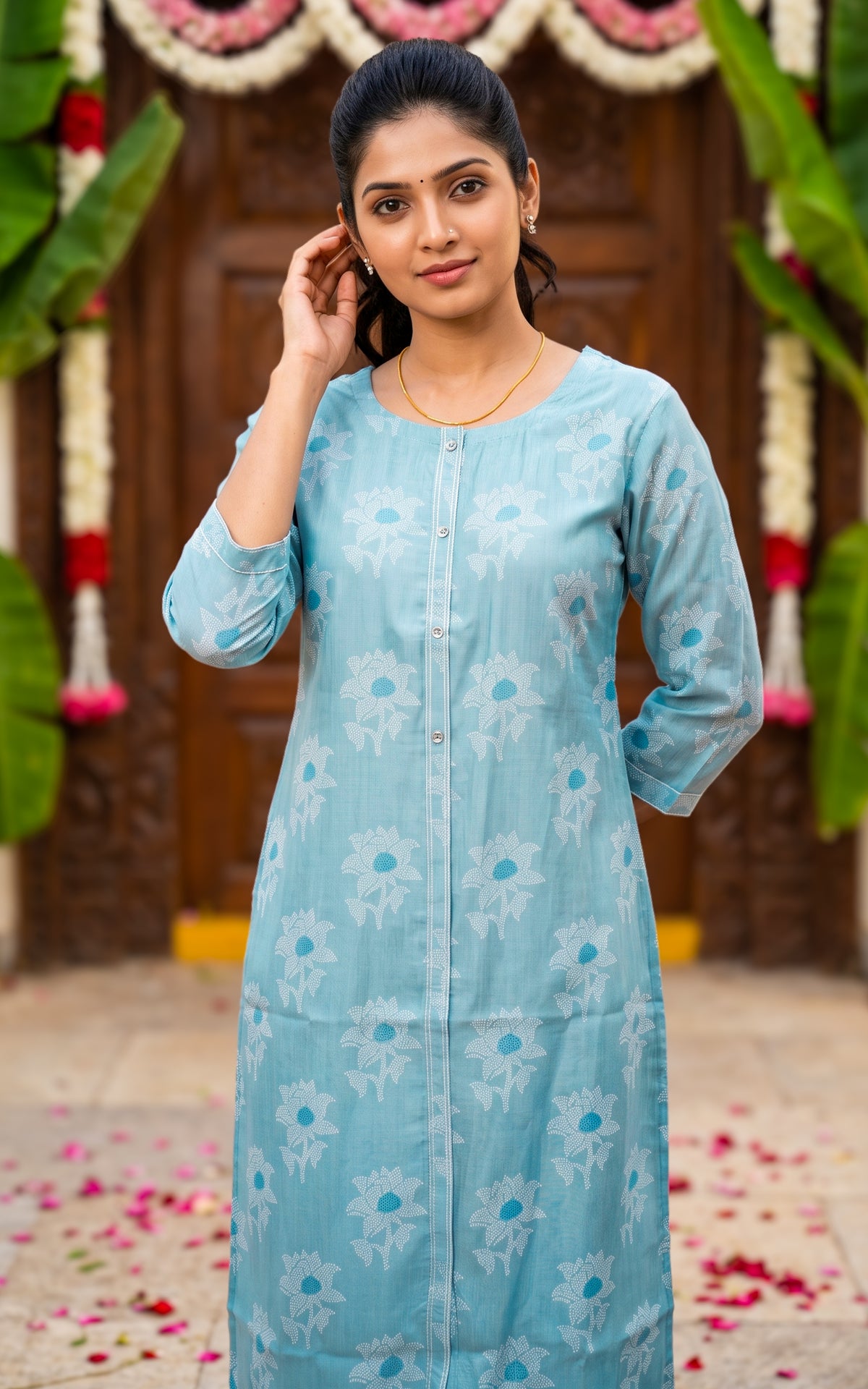 Sky Blue Silk Cotton Designer Straight Cut Kurti for Women