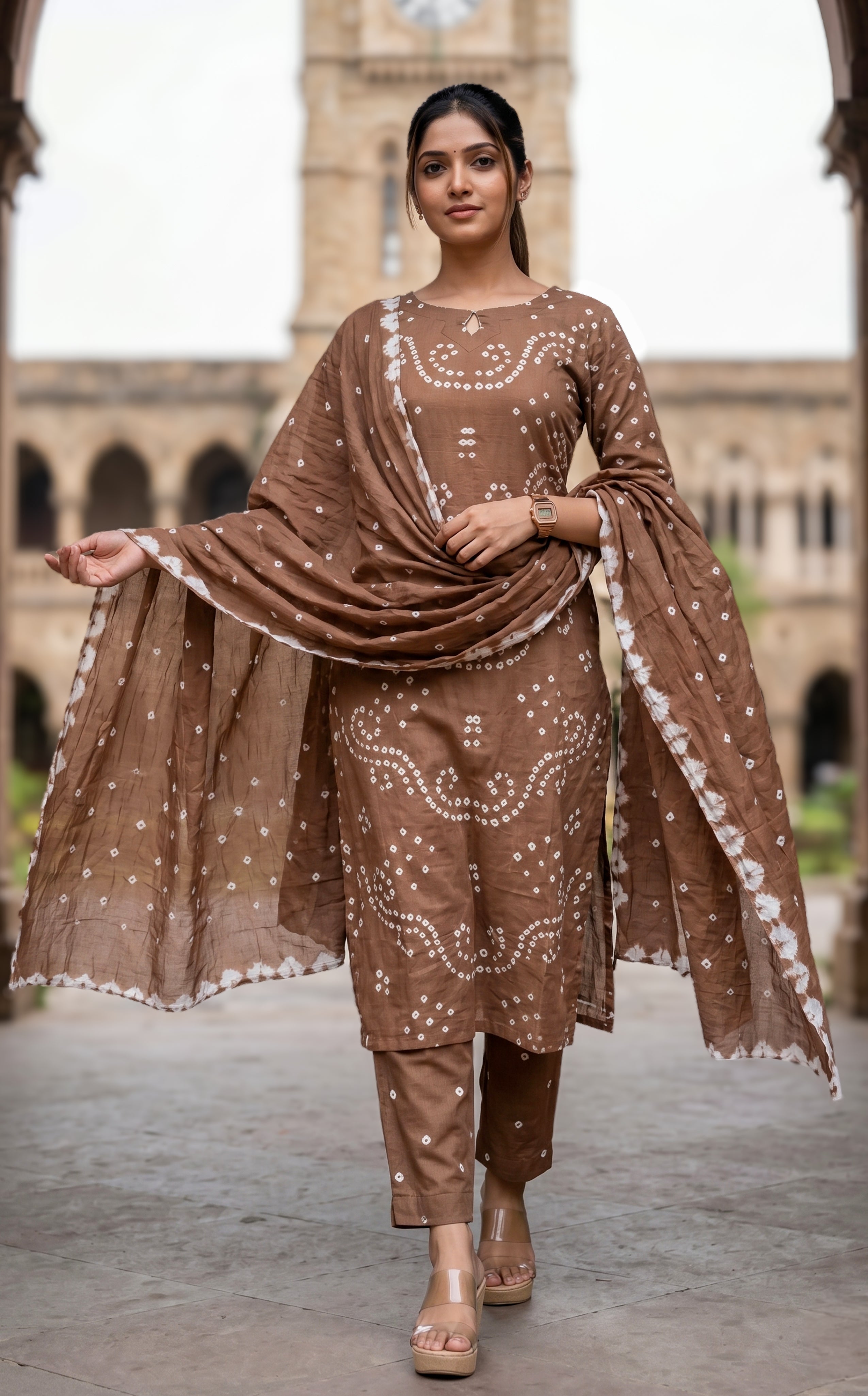 Reddish grey Bandhani cotton kurti set for women
