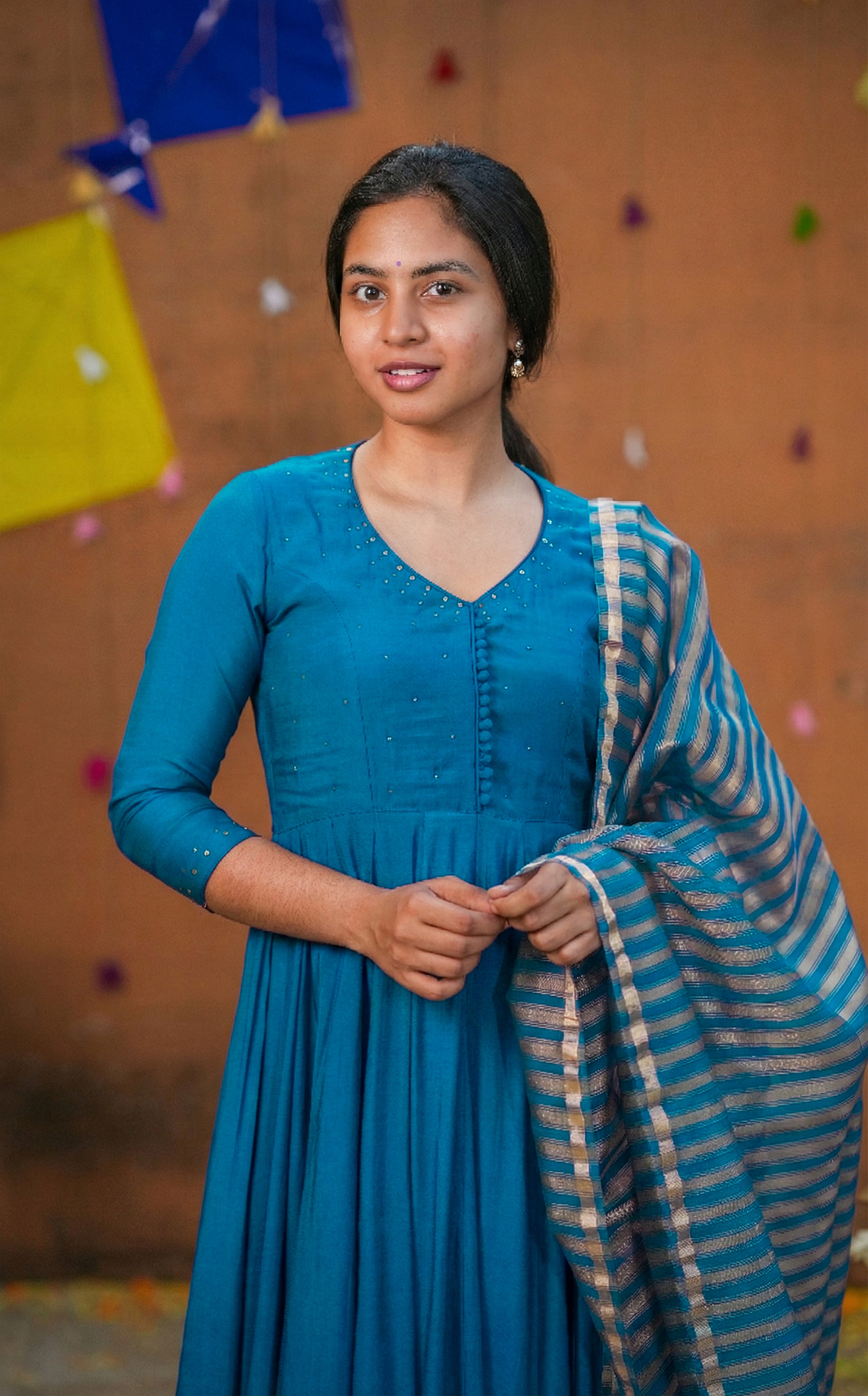 Instore - Peacock Blue Art Silk Sequin Embroidery Anarkali with V-Neckline and Mul Chanderi Dupatta with Cotton Lining