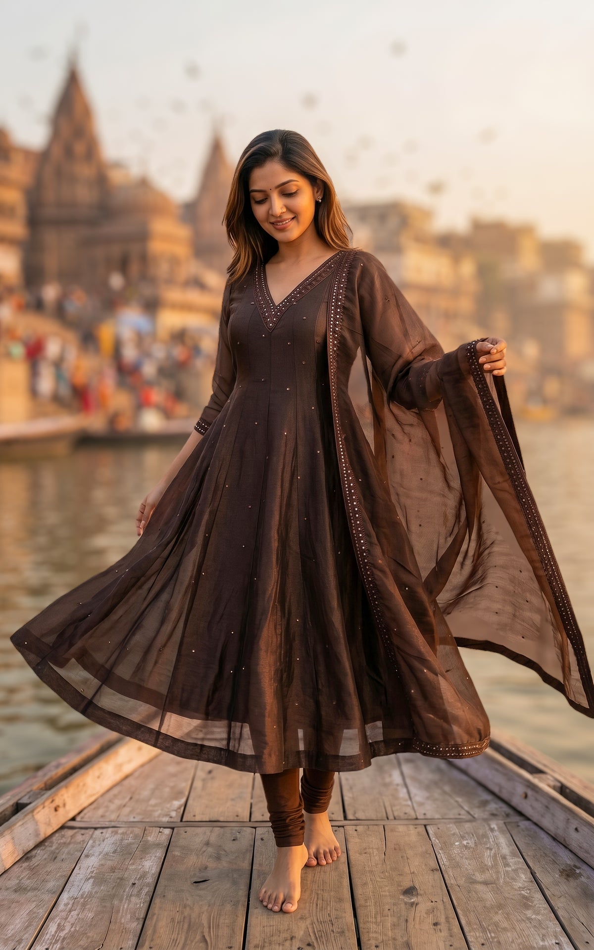 Instore – Dark Brown Mellinam Anarkali Kurti with Dupatta for Women – Crushed Tissue Silk – Sequin Embroidery – Festive Ethnic Wear