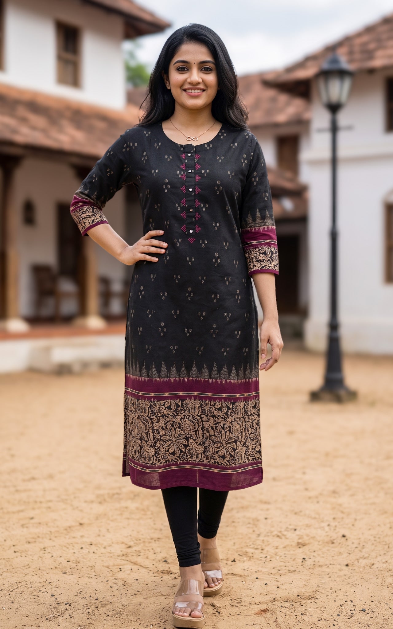Black and Plum Cotton Casual Wear Kurti for Women