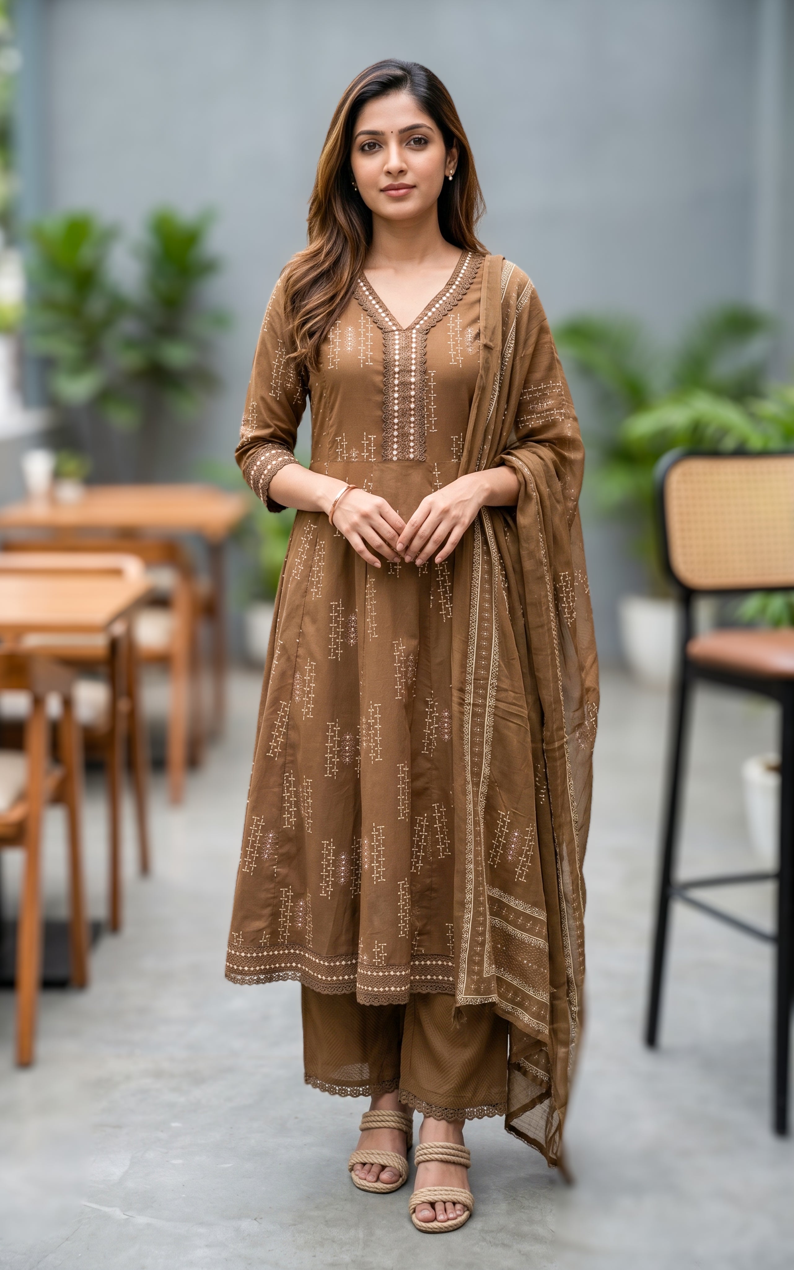 cotton handblock anarkali kurti for women
v neck anarkali with lace detailing