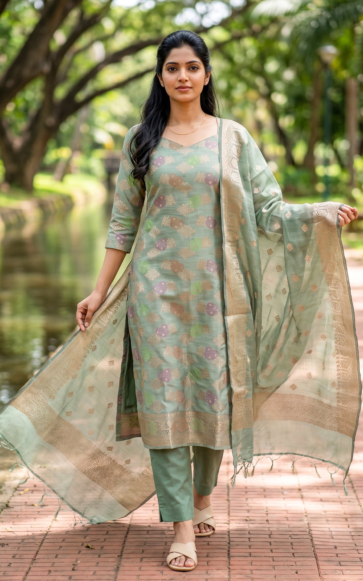 Gnanika Pastel Green (Kurti+Pant+Dupatta)