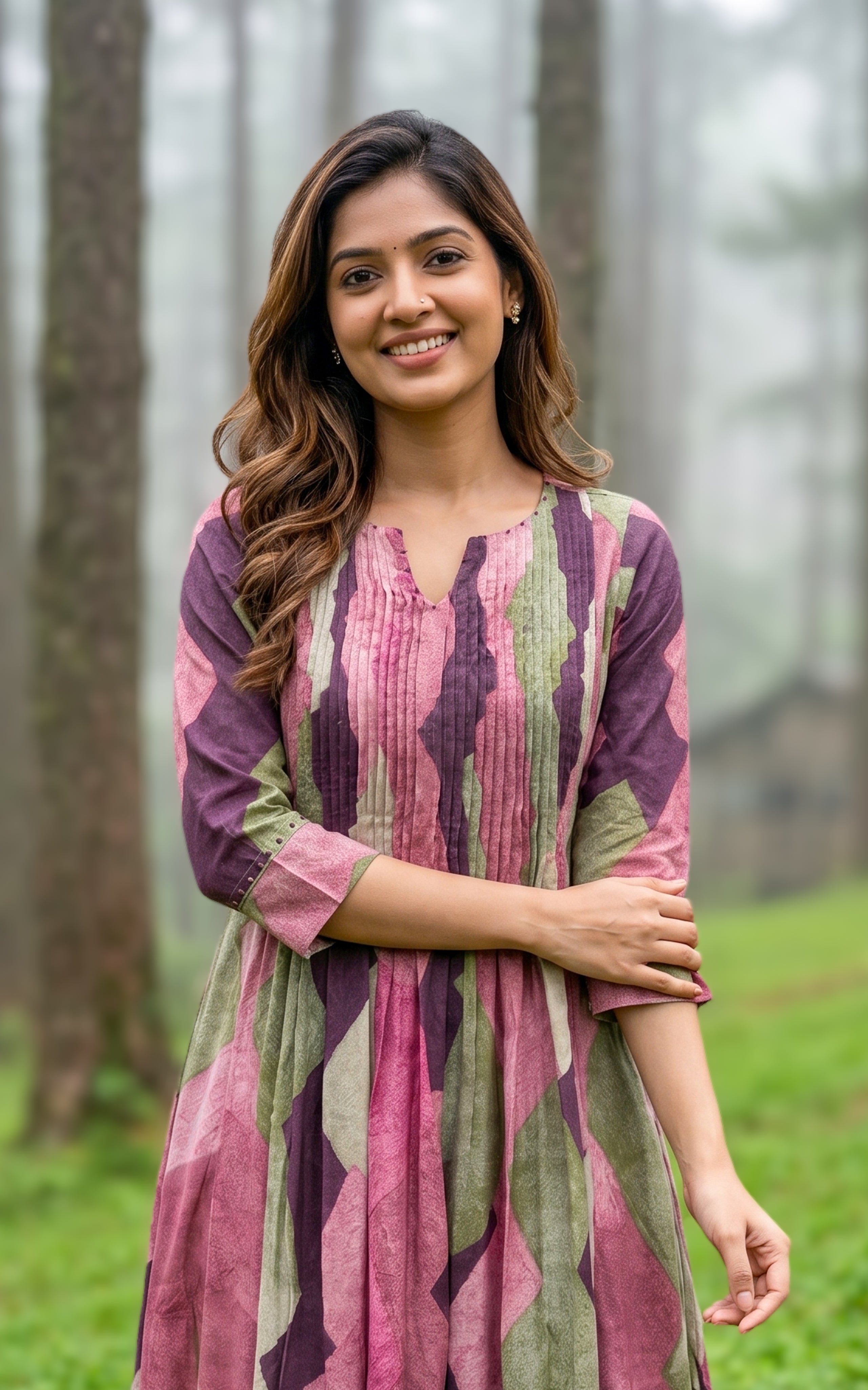 Instore - Multicolor Cotton Flared Aline Kurti with Pintuck Detailing, No Lining