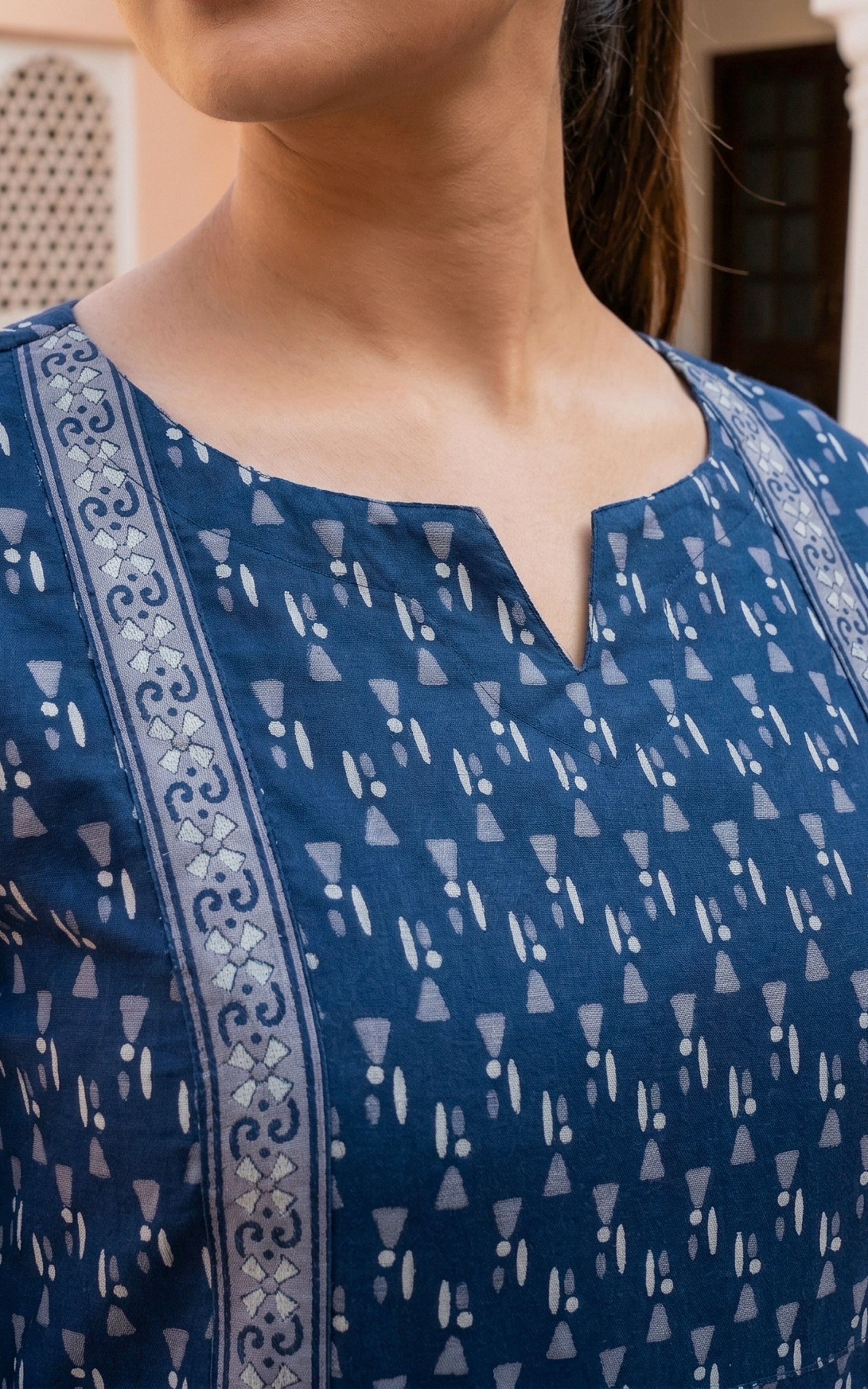 Instore - Navy Blue Color Cotton Printed Aline Kurti with Bell Sleeves and One Side Pocket, No Lining