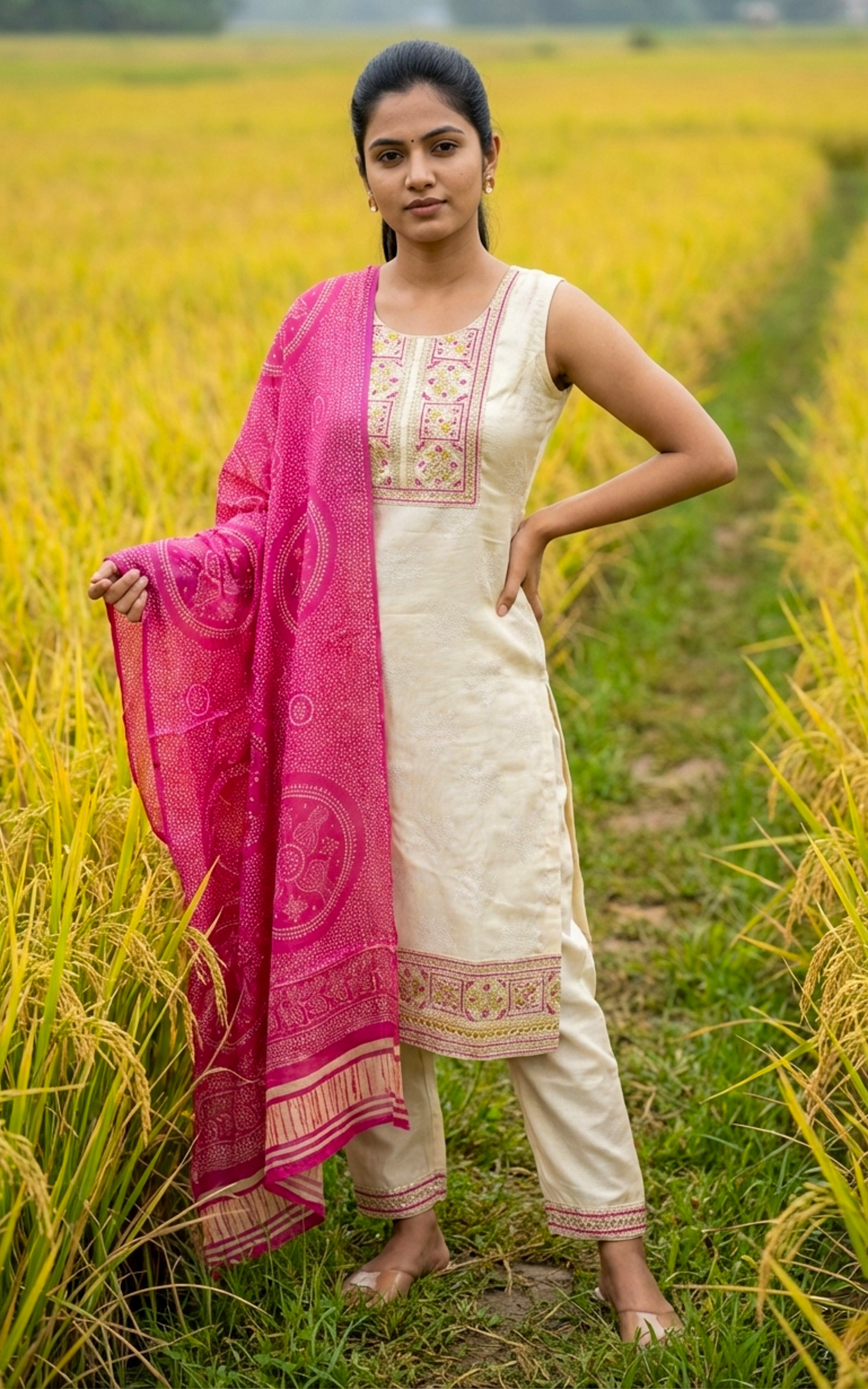 Instore - Off White Art Silk Straight Cut Kurti with Side Slit, Embroidery & Colorful Thread Work with Pant & Dupatta
