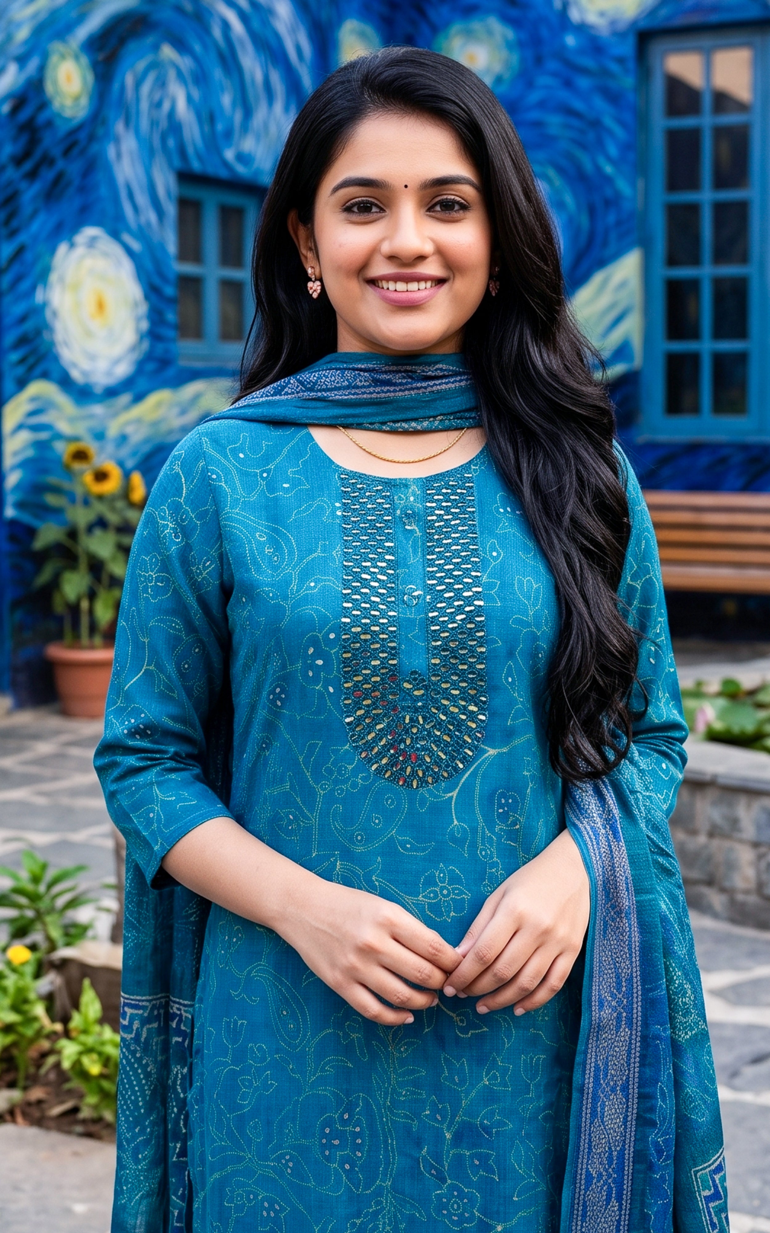 Teal Art Silk Kurti Set for Women