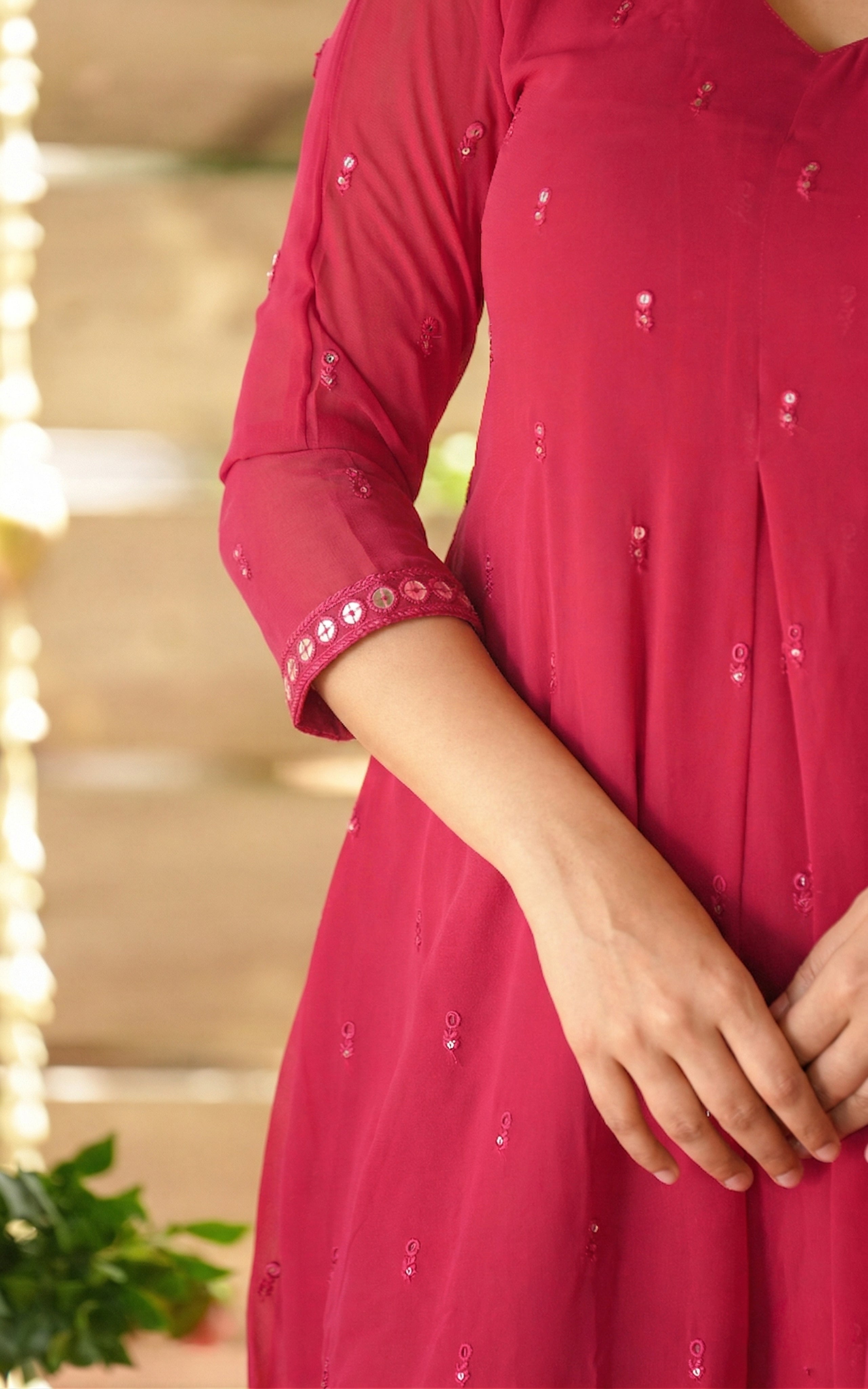 Instore - Pink Georgette Aline Kurti with Sequin Detailing All Over & Matching Dupatta