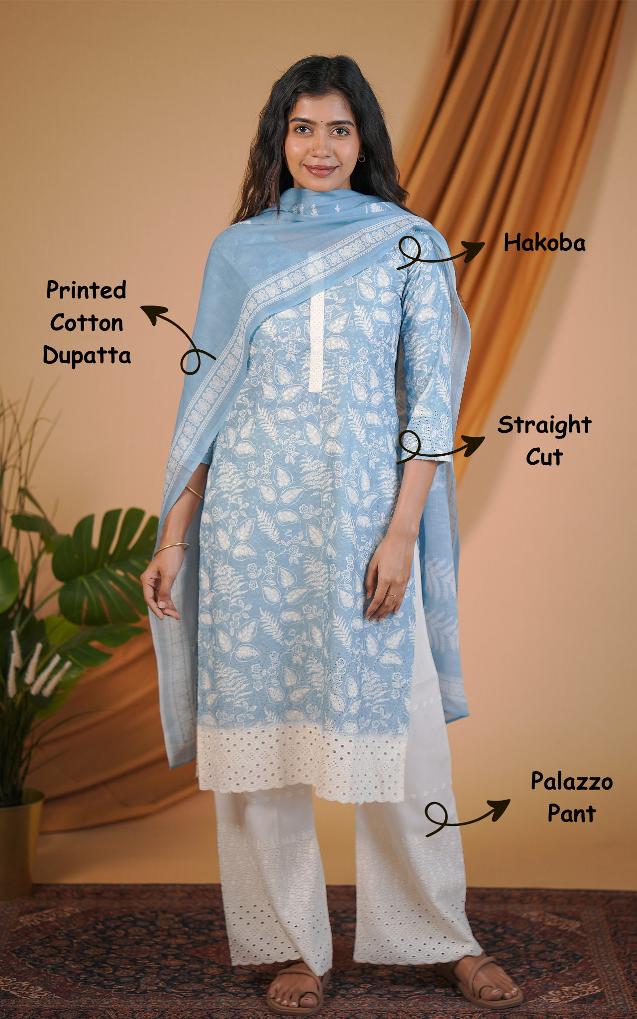 Elegant sky blue hakoba kurti set for women