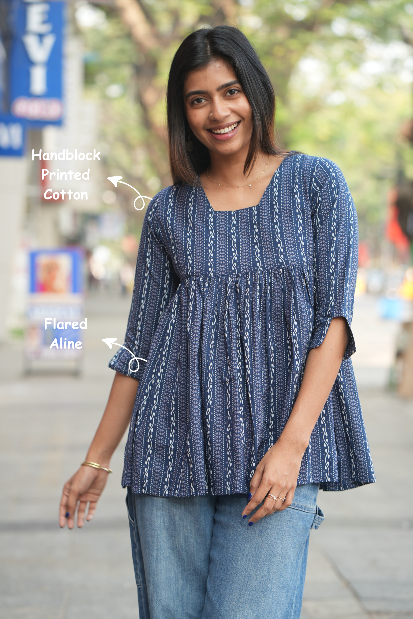 Blue cotton kurti with block print