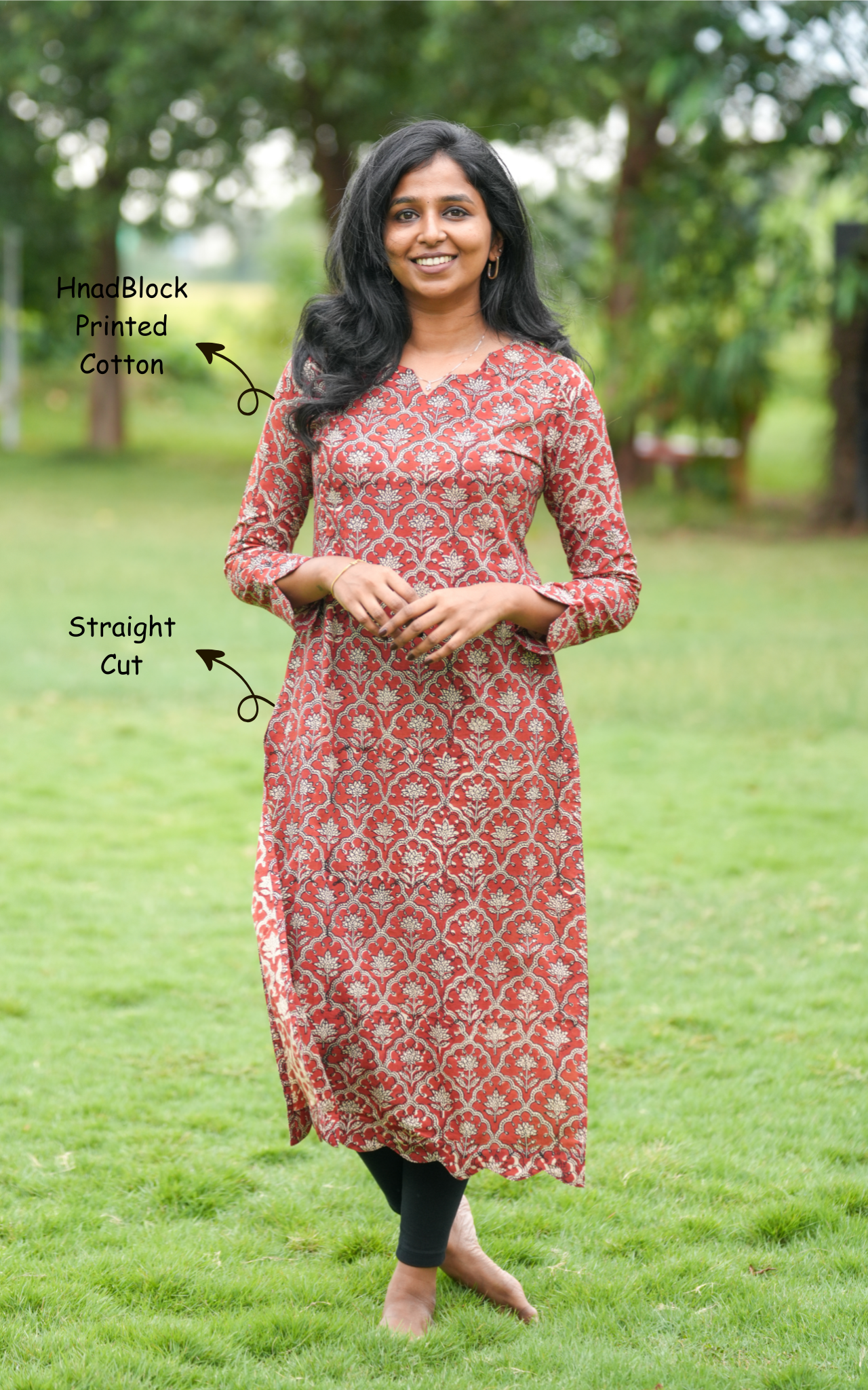 Instore – Sarjanna D Rust Cotton Handblock Printed Straight Cut Kurti with Side Slit – Women's Ethnic Wear