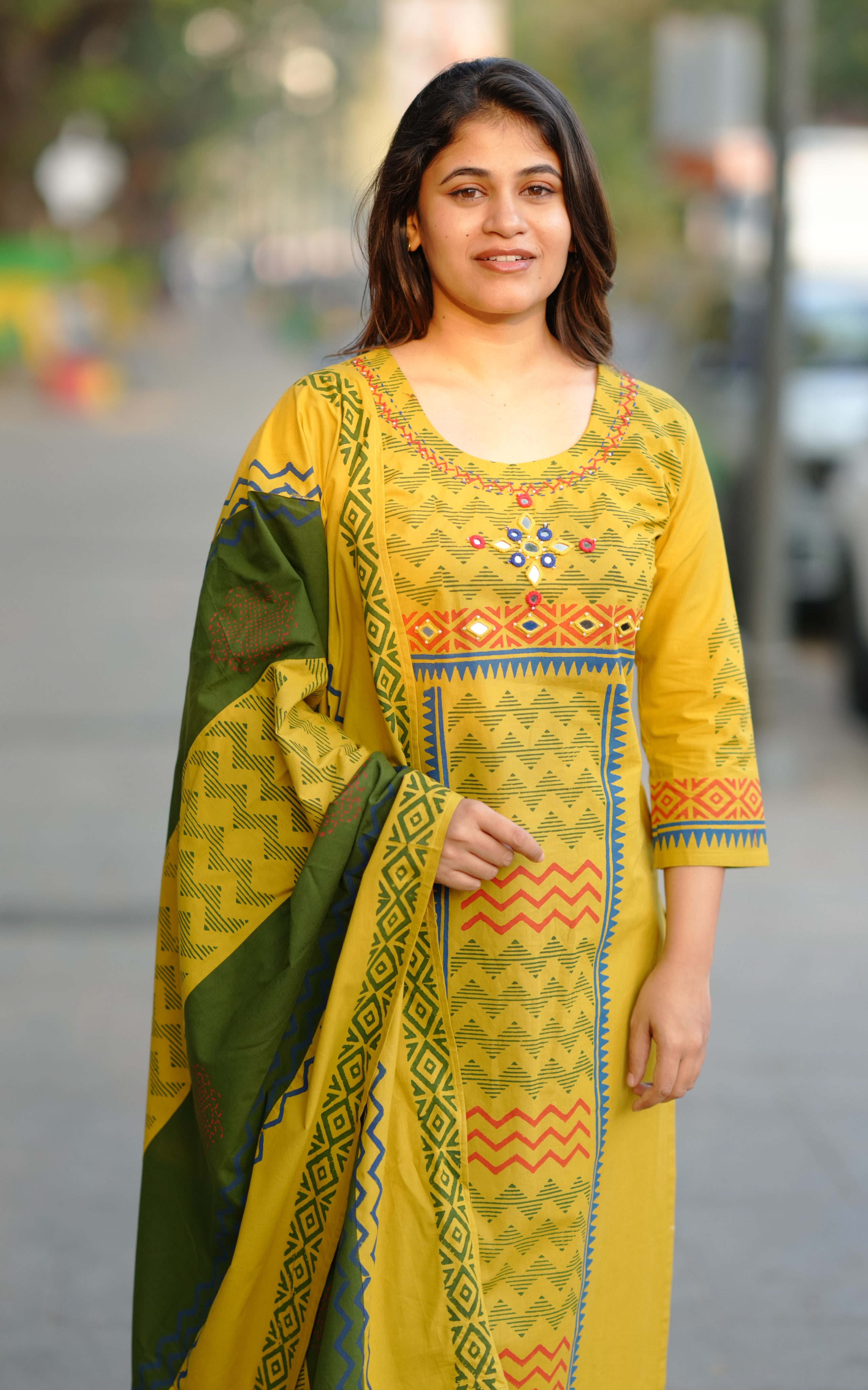 Haleema Lime Green Handblock (Kurti+Dupatta)