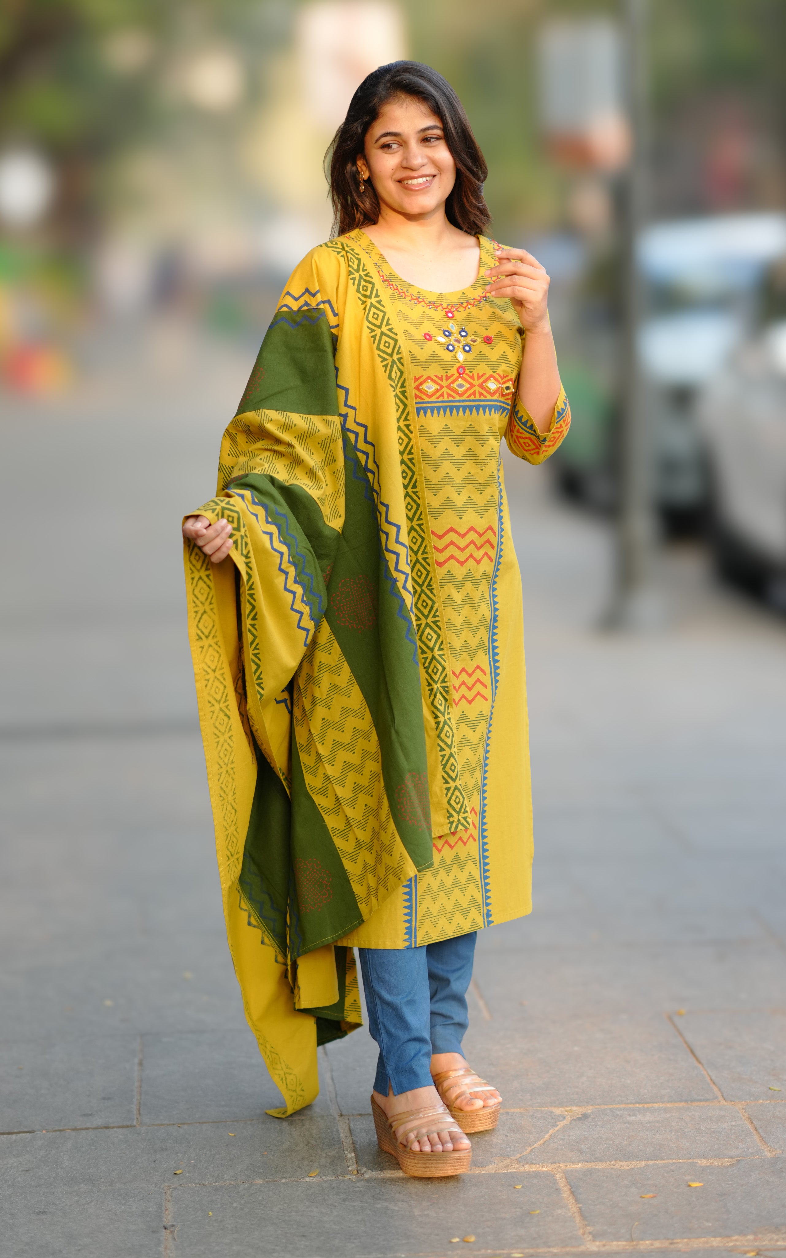 Haleema Lime Green Handblock (Kurti+Dupatta)