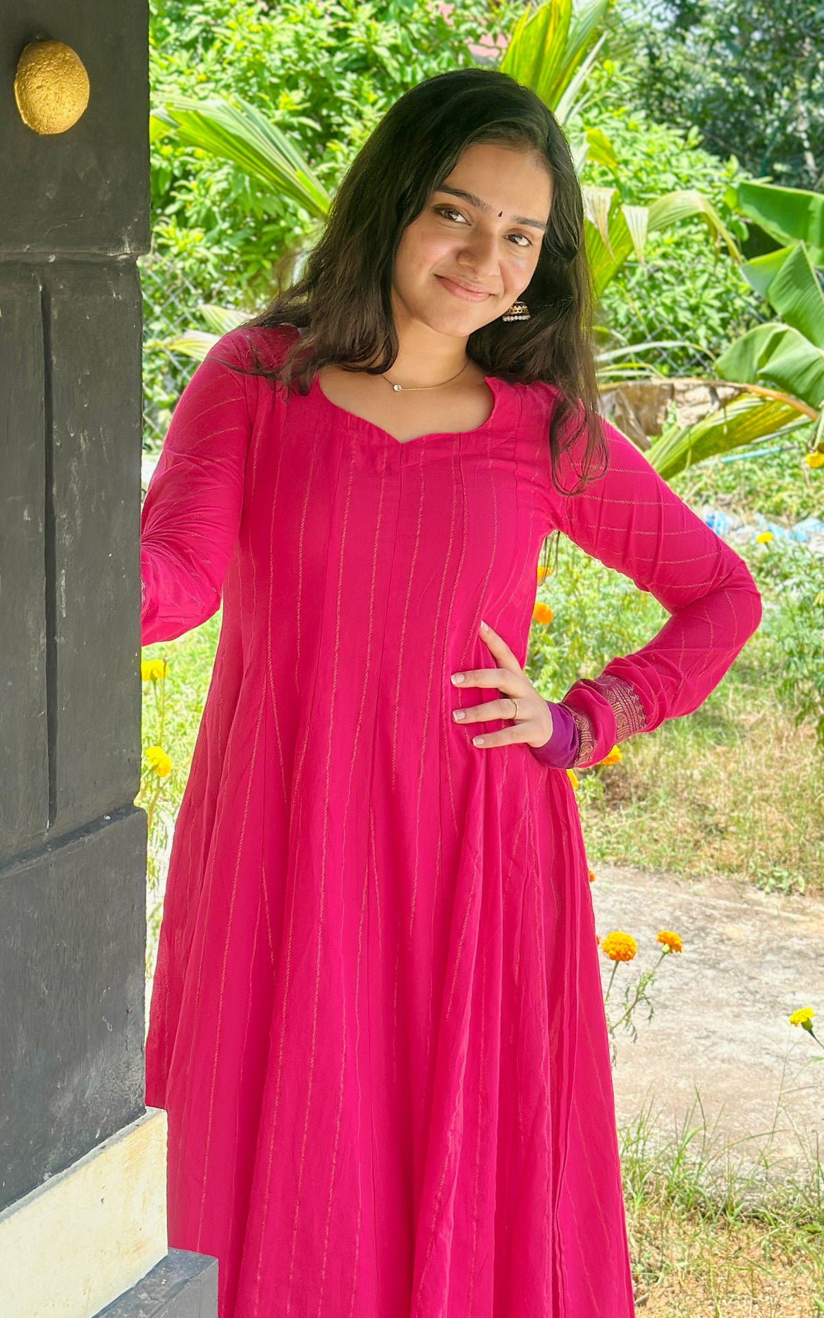 Pink South Cotton Anarkali Kurti with Elegant Zari Border for Women