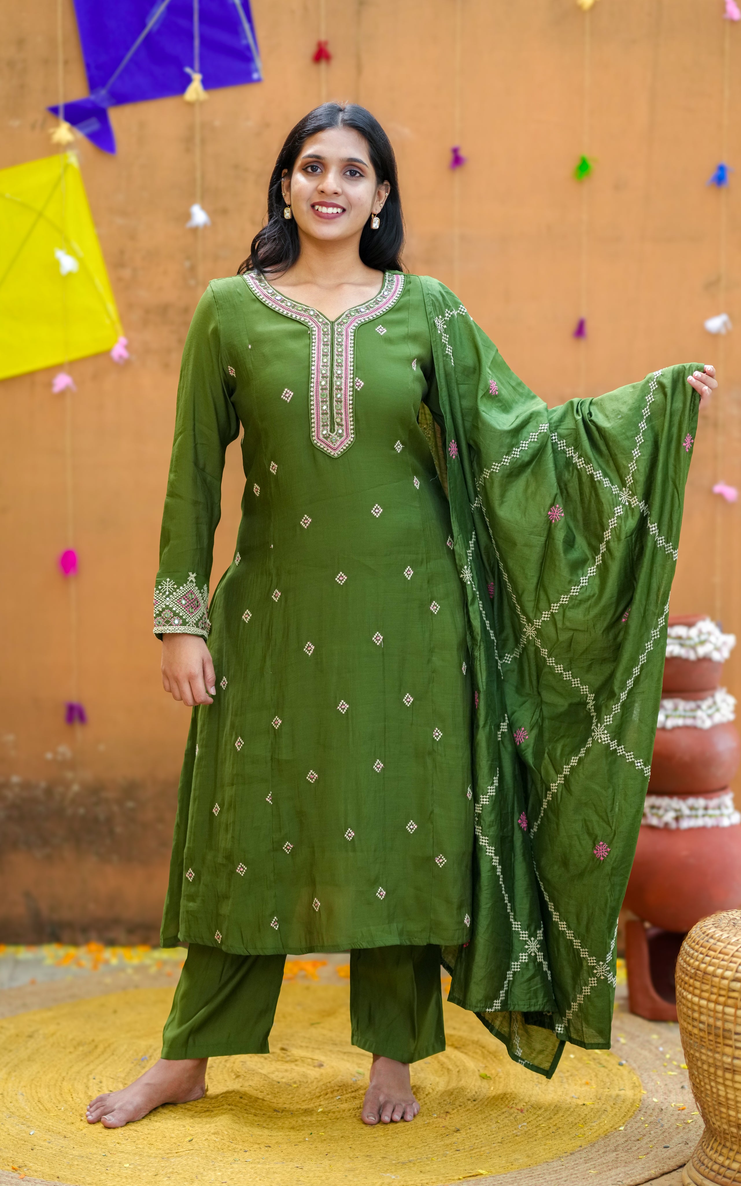 Olive green Aline kurti set for women