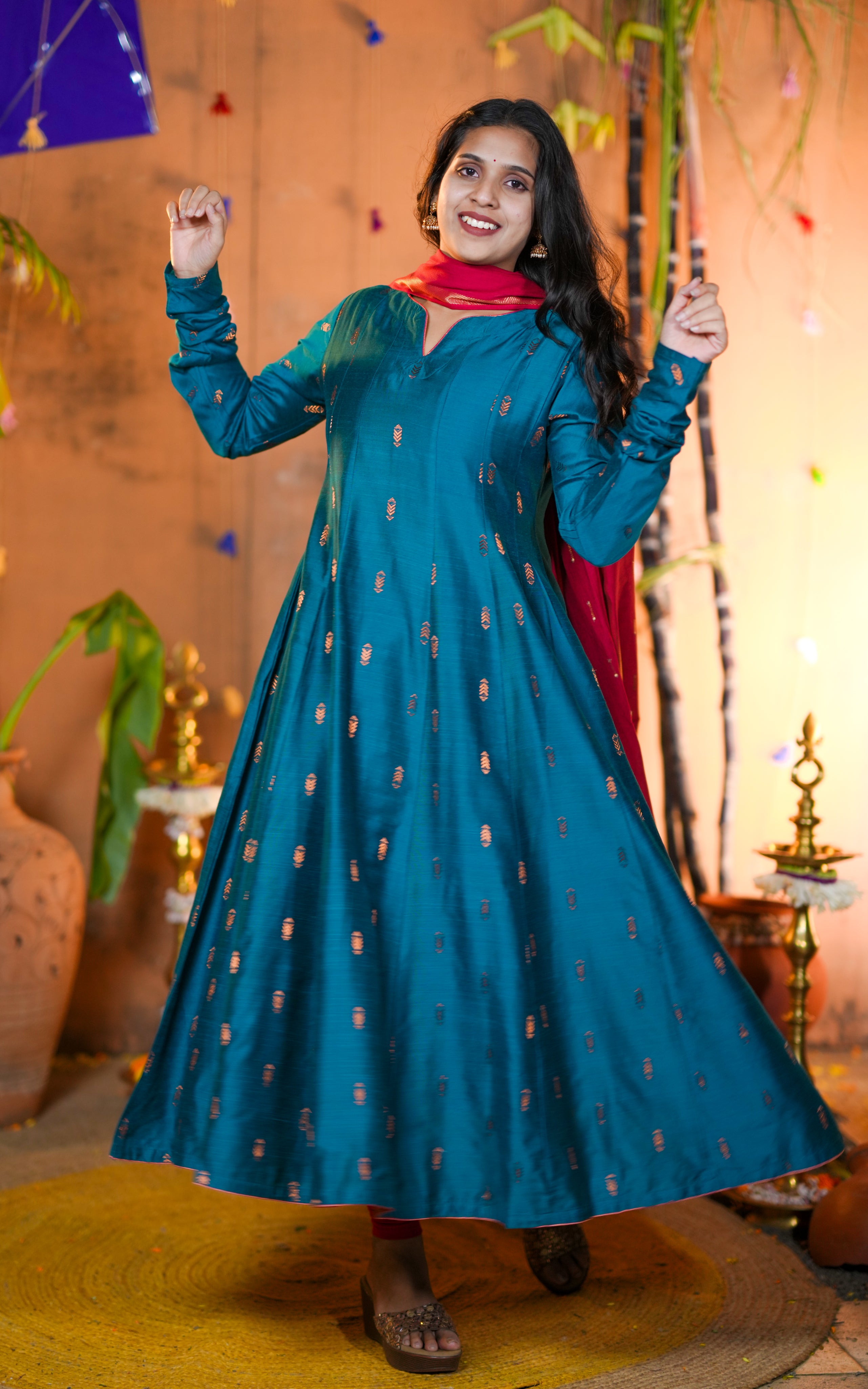 Gathered Sleeve Anarkali with One Side Pocket