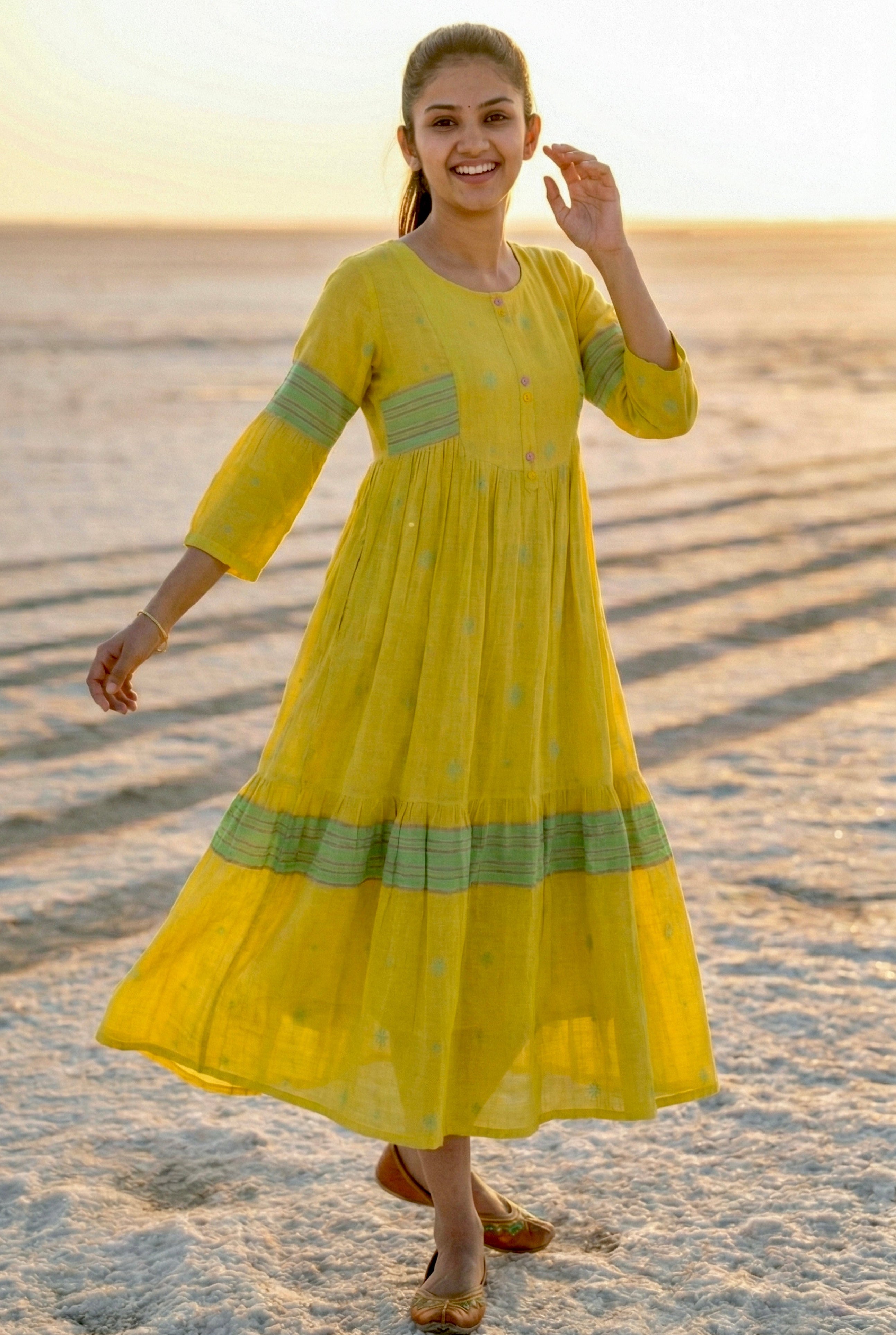 Instore - Yellow Color Cotton Tier Cut Kurti with Decorative Buttons with Cotton Lining