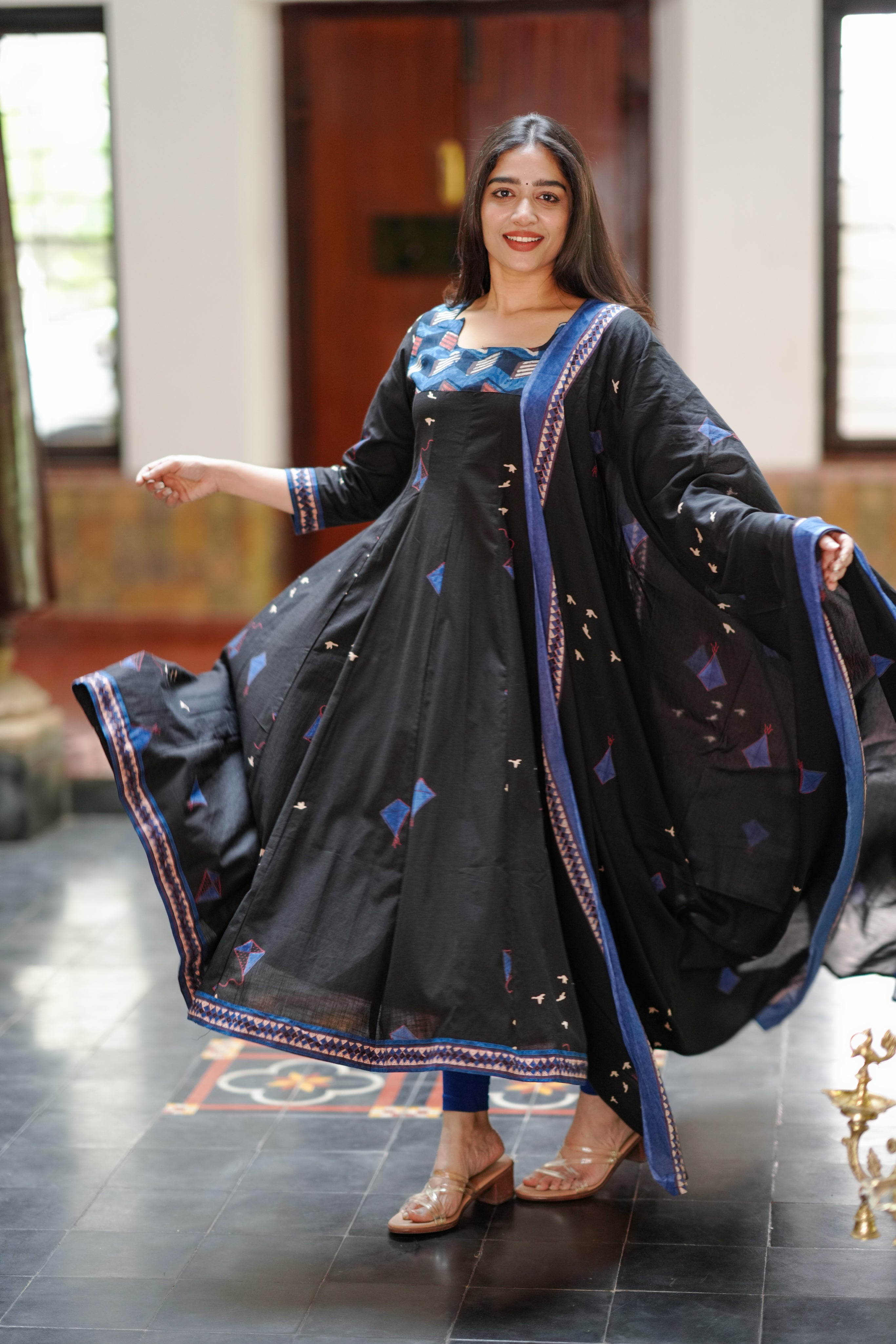 festive black indigo cotton anarkali
party wear handblock print kurti