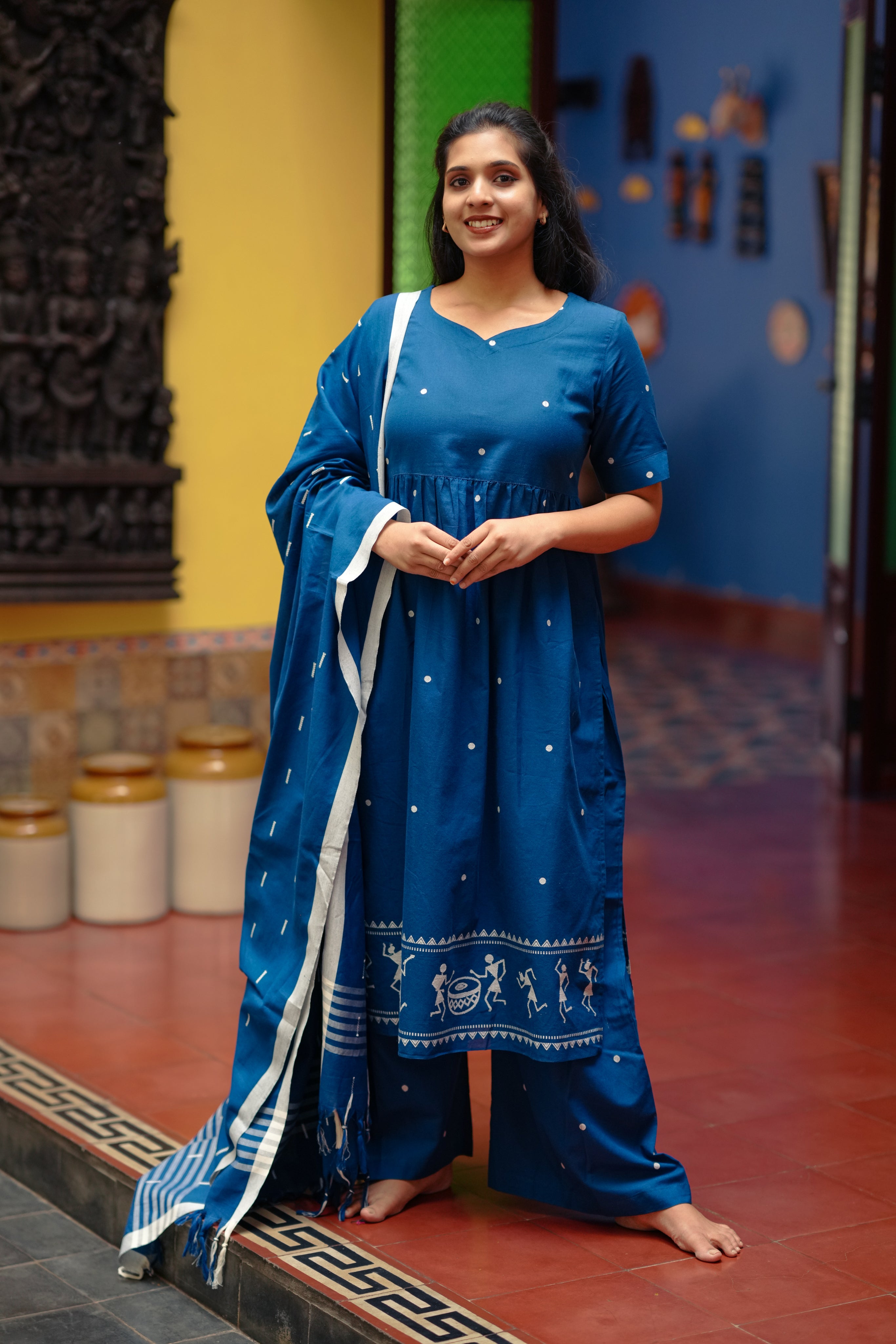 bright navy cotton nyra cut kurti for daily wear
comfortable cotton kurti with warli print
casual palazzo pant and kurti set
daily wear kurti with side slit
soft cotton kurti and dupatta set